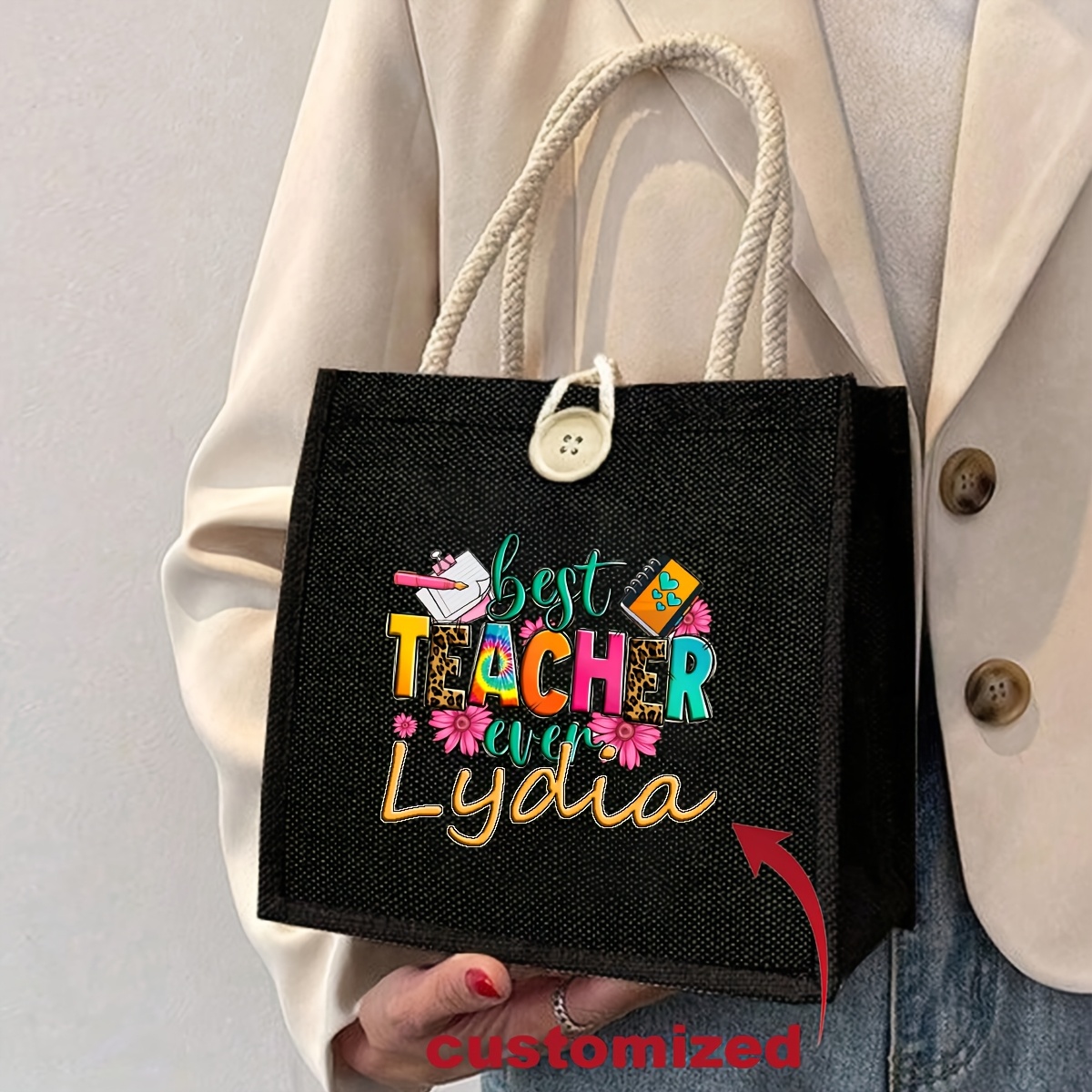 

Customizable Teacher Tote Bag With Floral & Letter Design - Polyester, Weddings, Festivals, And Back To School Gifts