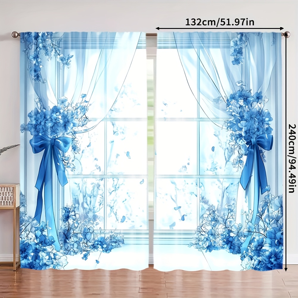 TEMU 2pcs Blue Floral-like Curtains - Semi-sheer Window Drapes With Elegant Window, Light Filtering Privacy & , Rod Pocket Hanging For Living Room,