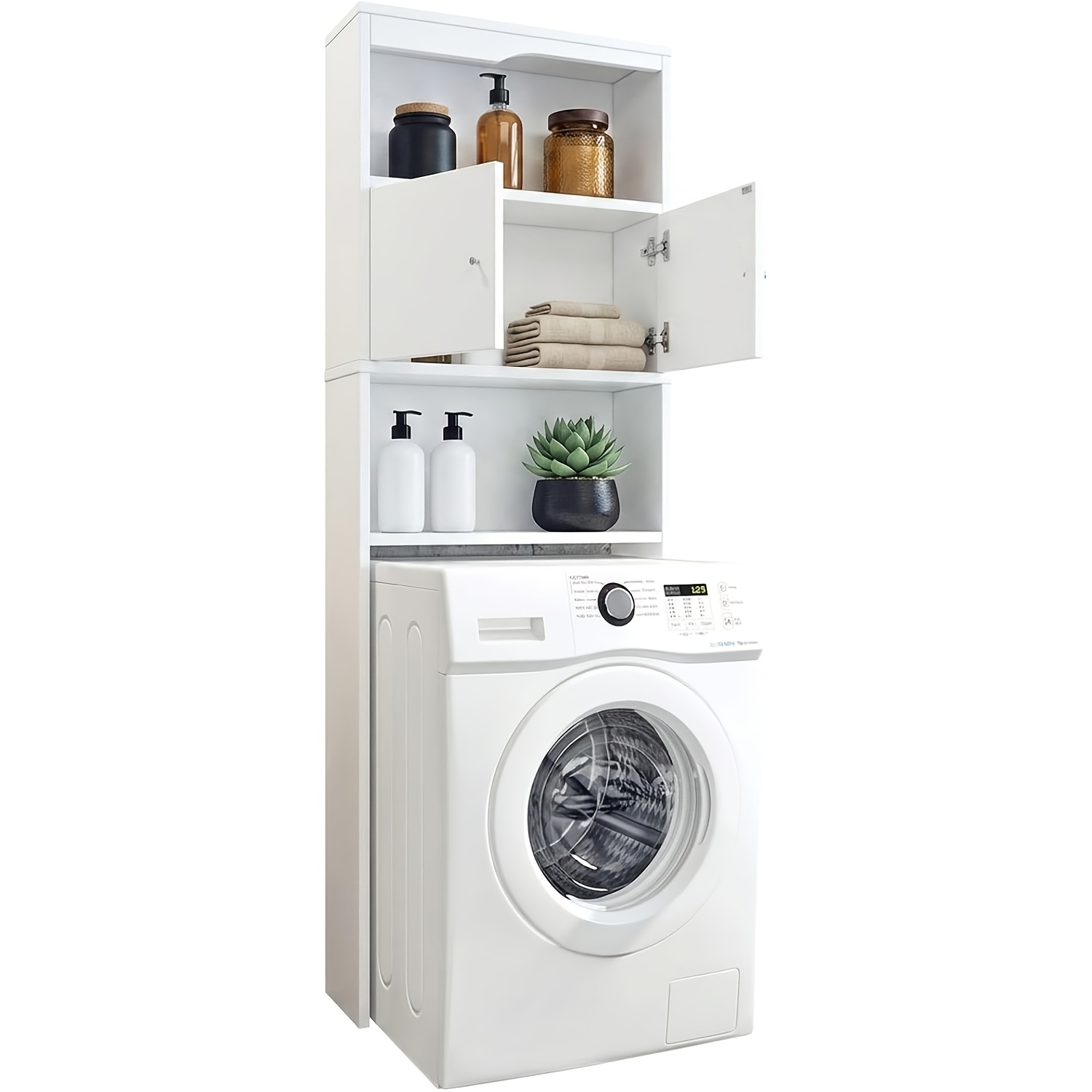 Image of Washing Machine Cabinet, White, Bathroom Shelf With Cupboard, 2 Open Compartments, Suitable For Storing Washing Powder And Towels, 62.5 X 19.5 X 178 Cm