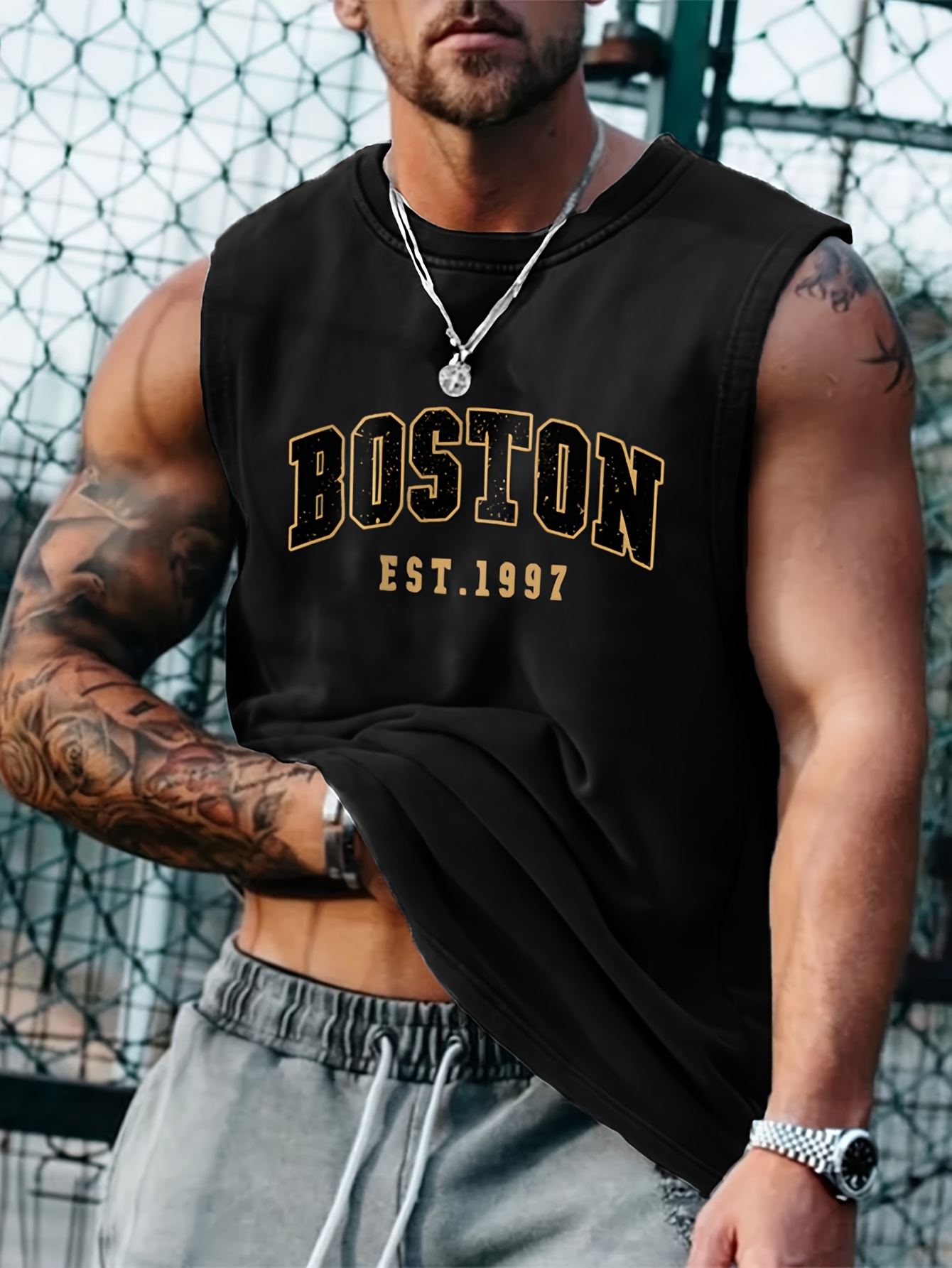 OBM Same Bond Men's Sleeveless Athletic Tank Top with Boston EST. 1997 Print - Black & Golden, Regular Fit, Machine Washable, All-Season Workout & Casual Wear, Sports Apparel, Sporty Look, Nontransparent Fabric