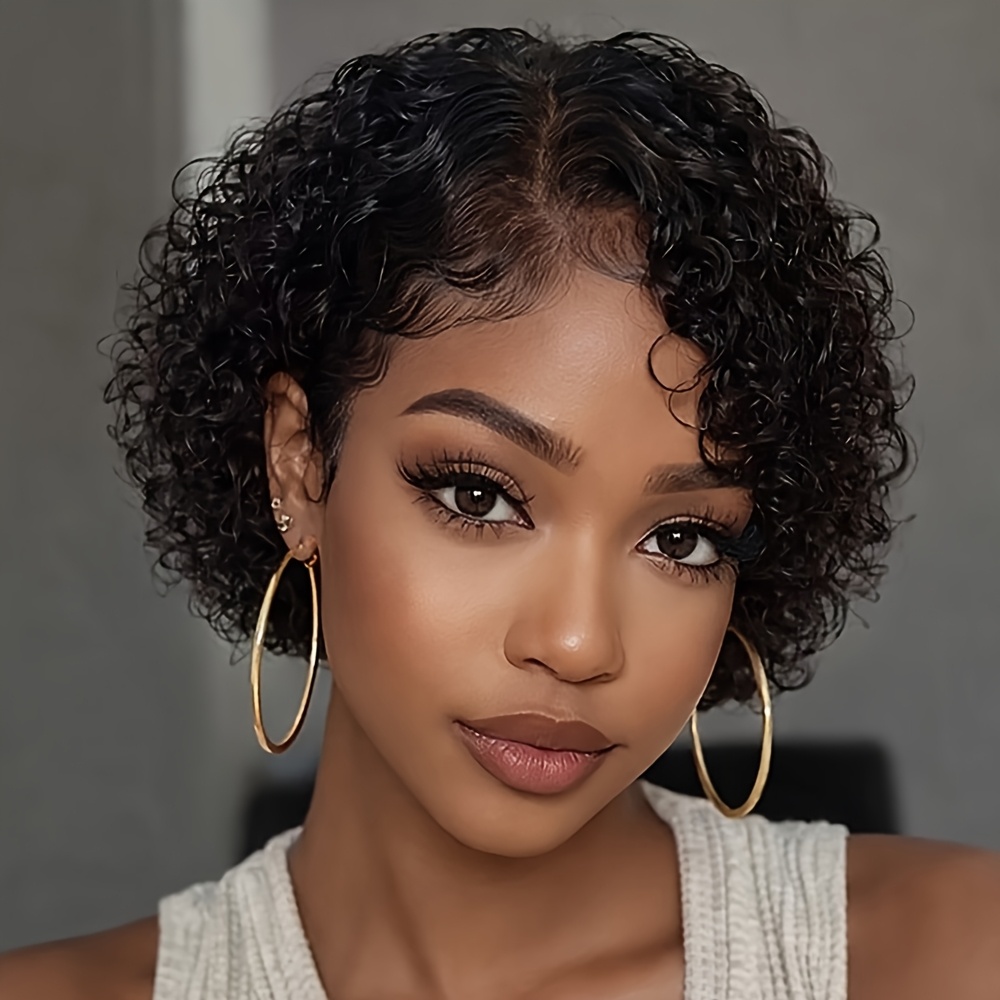 Image of Human Hair Bob Wig Natural Black Curly - 150% Density Short Bob With 13x4x1 Lace Front & Elastic Band, Texture, Natural Look For Daily & , Elegant Women's Wigs