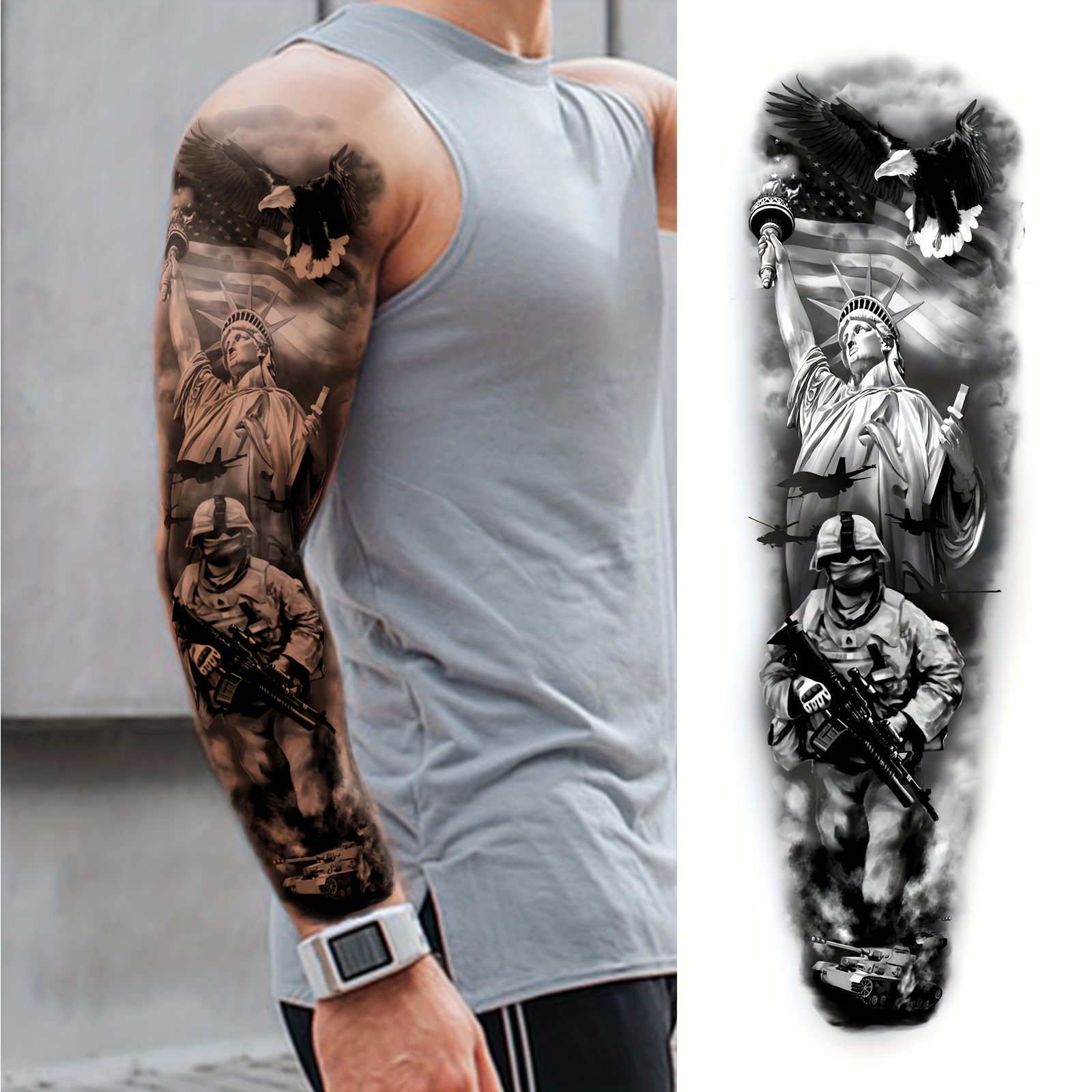 REALISTIC TEMPORARY TATTOO SLEEVE - GREY, BLACK KOI CARPS, MENS