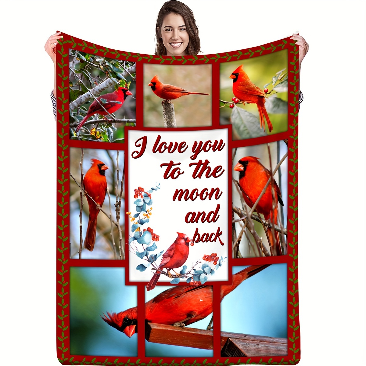 

Red Bird Style Flannel Throw Blanket – Cozy Knitted All-season Cover With "i Love You To The Moon And Back" Theme, Soft Flannel 100% Embellished Animal Pattern Throw For Girlfriend Gift