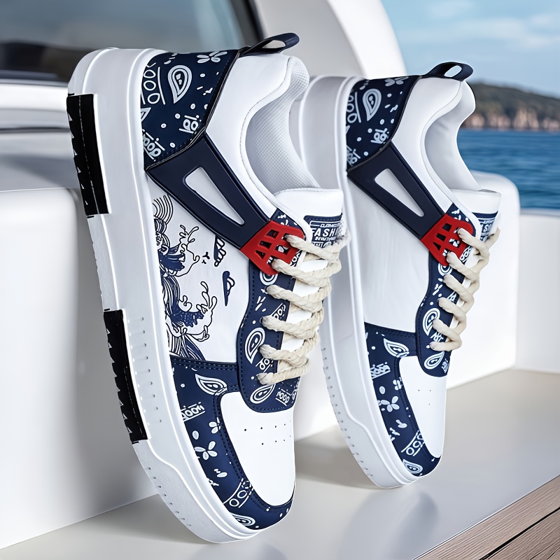 TEMU Baskets Mode Homme | Chaussures Décontractées & Sportives Polyvalentes, Basses en Similicuir avec Motif Dessin , Fermeture à Lacets, Confort