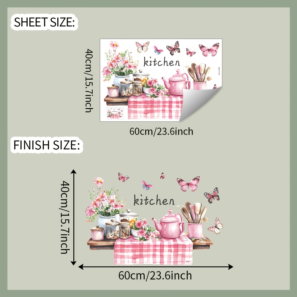 Chic Pink Teapot & Wall Decal - Removable Waterproof Pvc Sticker For Kitchen, Living Room Decor, 15.7x23.6 Inches, Tablecloth, Bottle & Jar