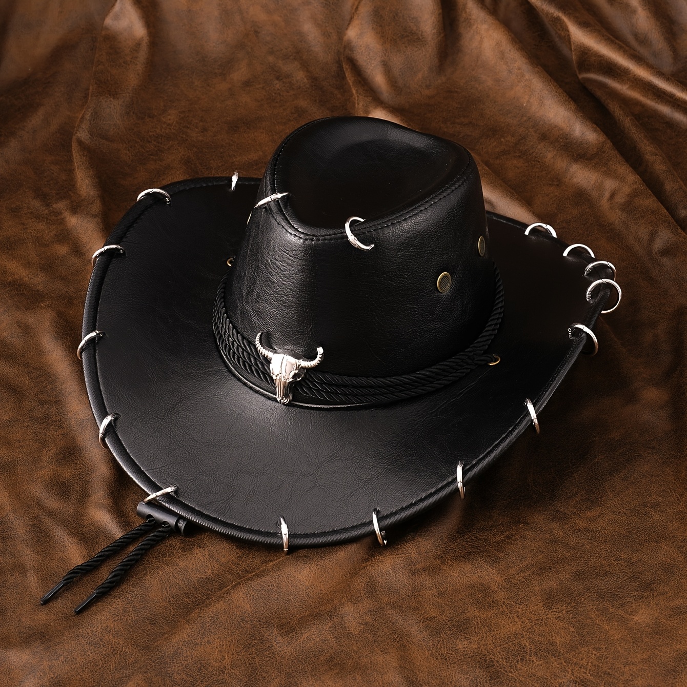 TEMU 1pc Trendy Vintage Western Punk Cowboy Hat, | Bull Skull Buckle, Metal Rings, Rivets | Adjustable Wide Brim Sun Hat, Unisex Biker Festival