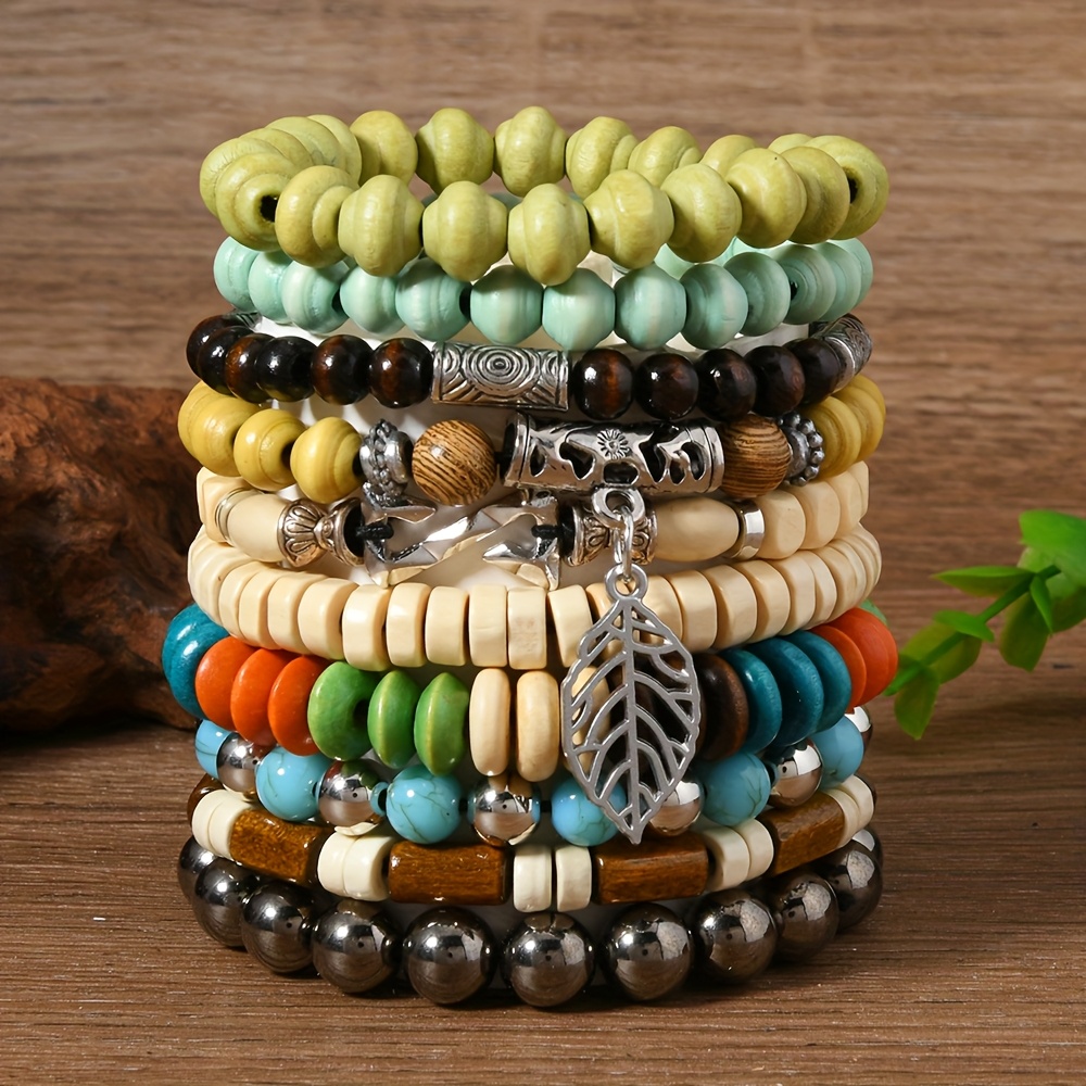 TEMU Ensemble de 10 bracelets main de style bohème aux couleurs mélangées, bracelet facile pour hommes avec corde élastique et perles en bois