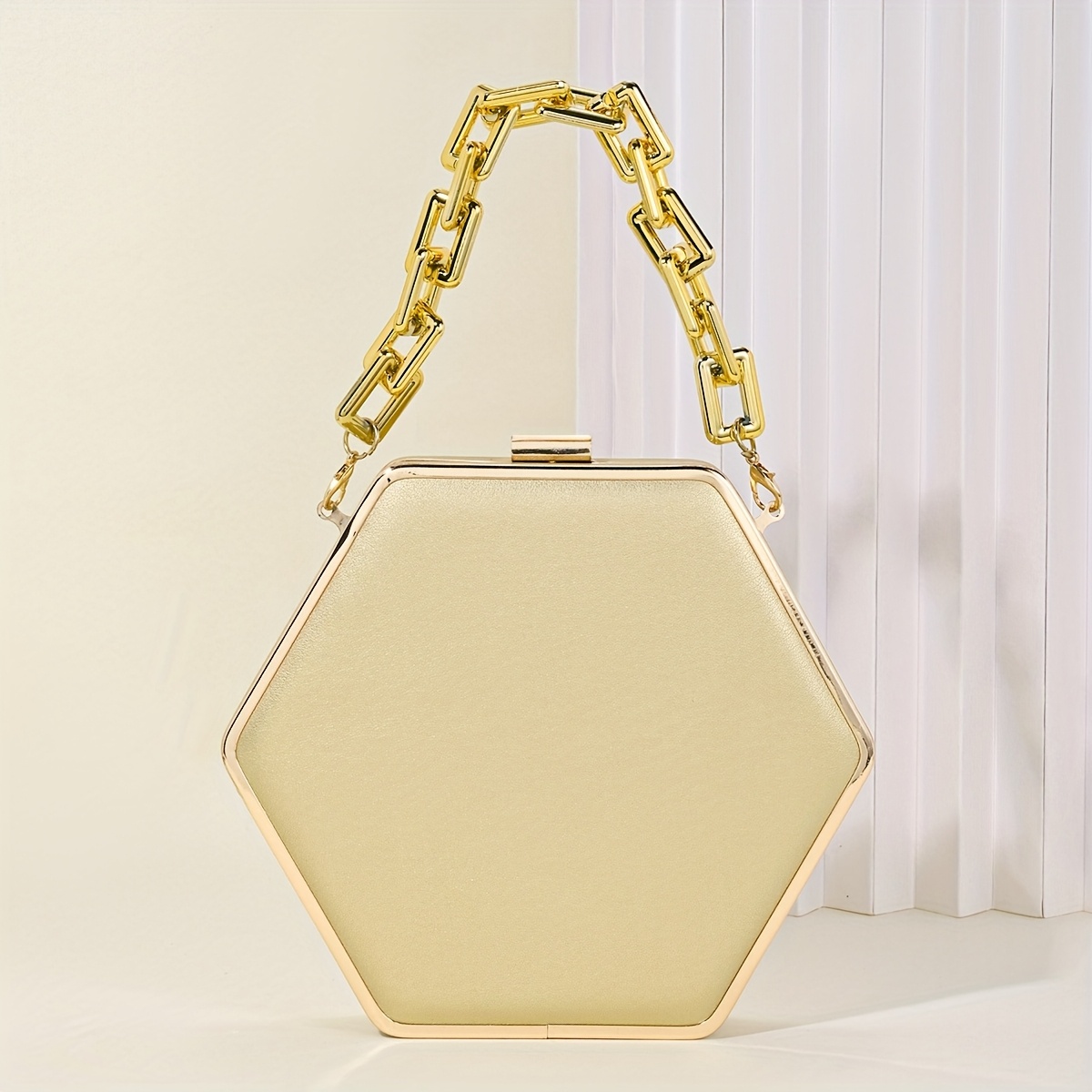 Elegant Hexagonal Clutch Bag with a Large Chain, Perfect for Evening Events, Parties, And Weddings.