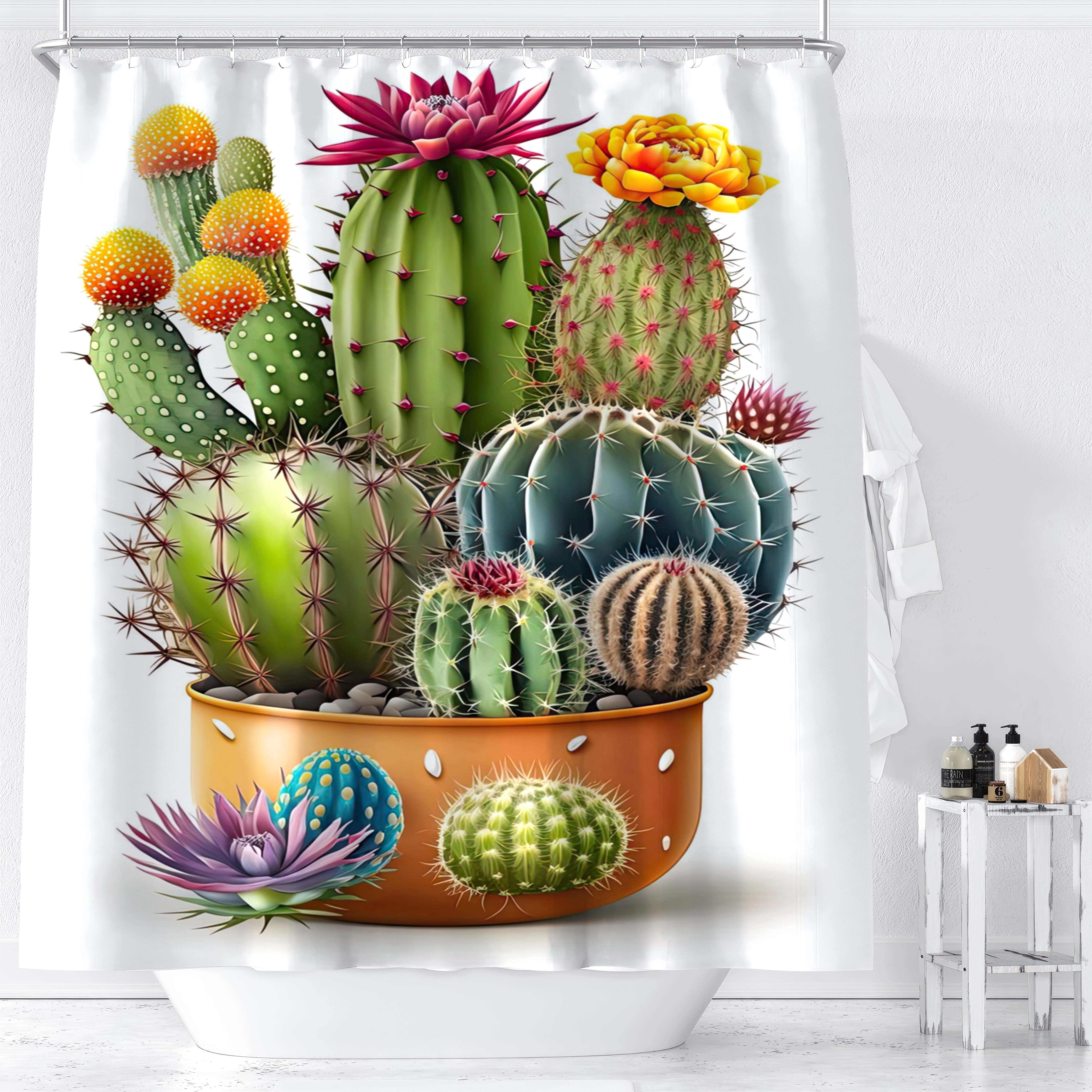 

1pc Cactus Potted Plants Succulents Digital Print Shower Curtain, Vibrant Floral Bathroom Decor, Waterproof Polyester