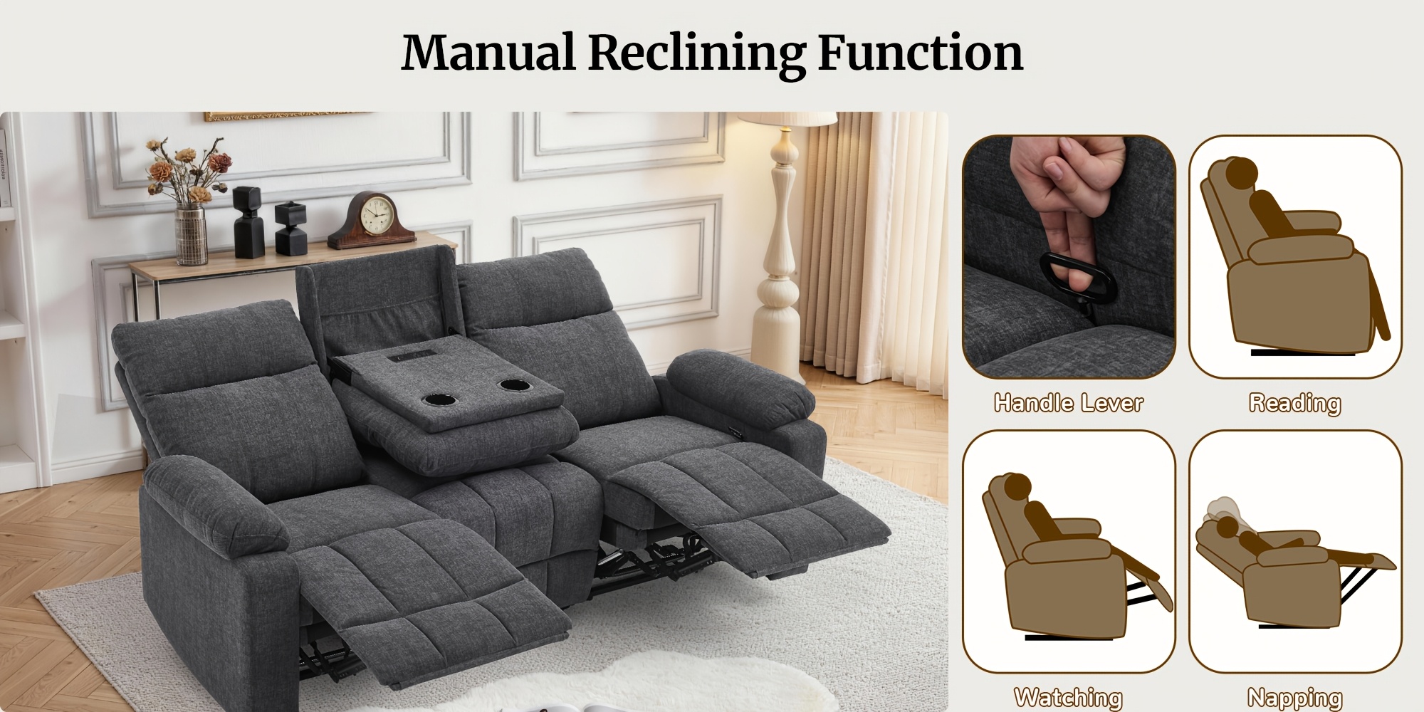 three person sofa design middle backrest   three seat reclining sofa recliner sofa with usb port manual living room sofa Product details 1