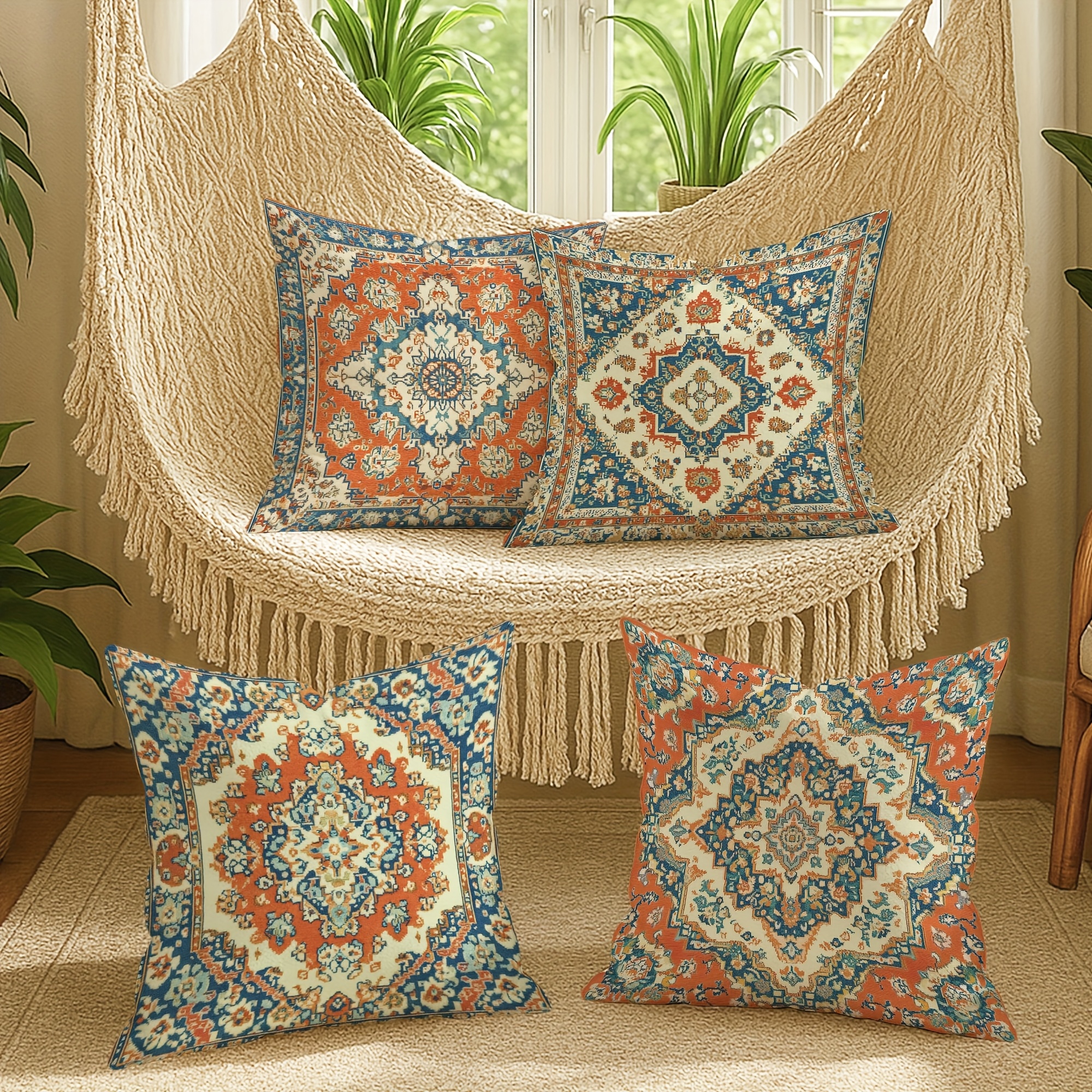 4pcs polyester throw pillow cover retro ethnic geometric pattern blue red orange soft decorative cushion cover with zipper closure for living room bedroom sofa decoration ethnic   double sided printing polyester without pillow core Product details 0