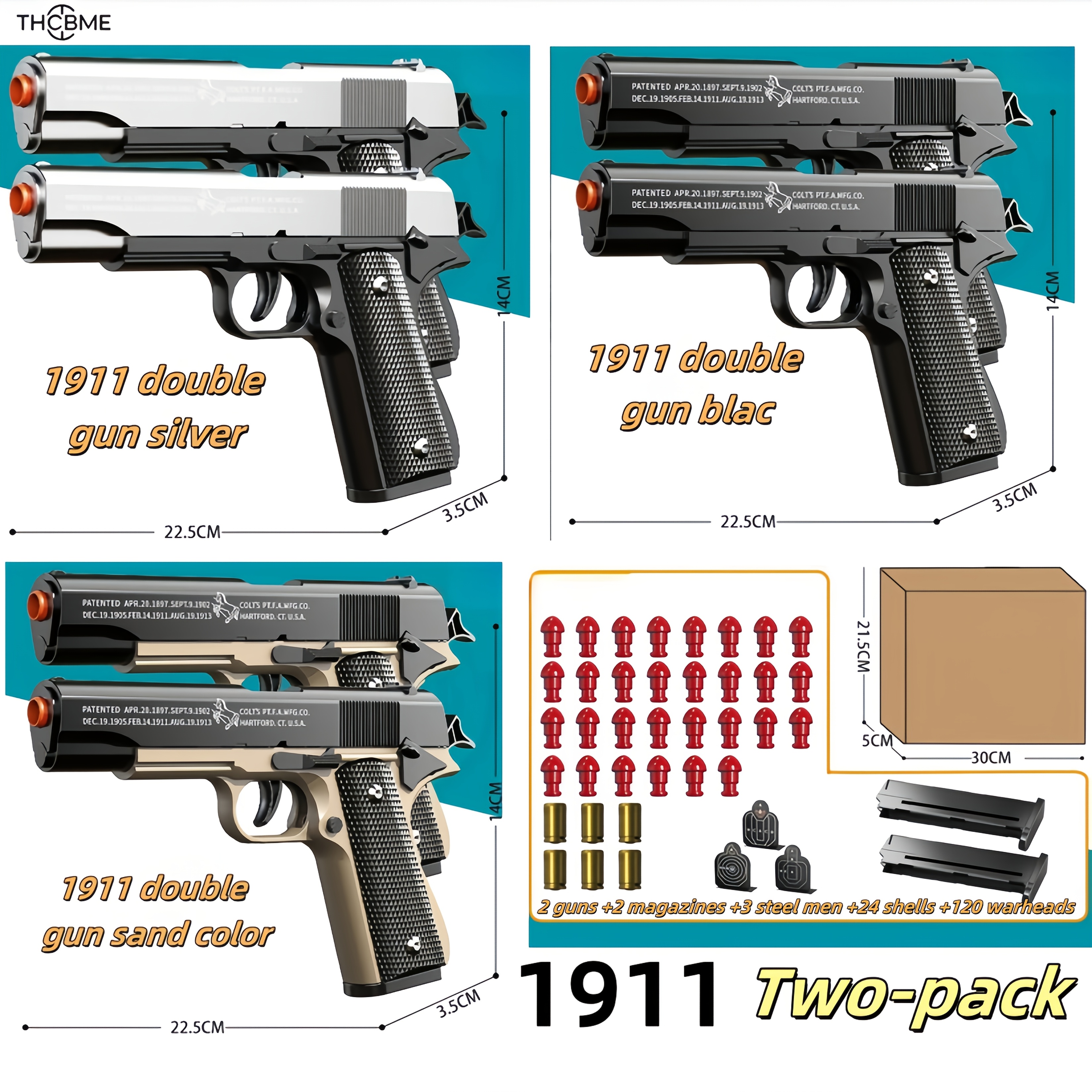 2pcs 1911 Toy Air Gun Pistol Set, New Toy Gun Soft Bullet Gun, Quick Disassembly Design, Suitable For Outdoor Shooting Games And Skill Development, THCBME