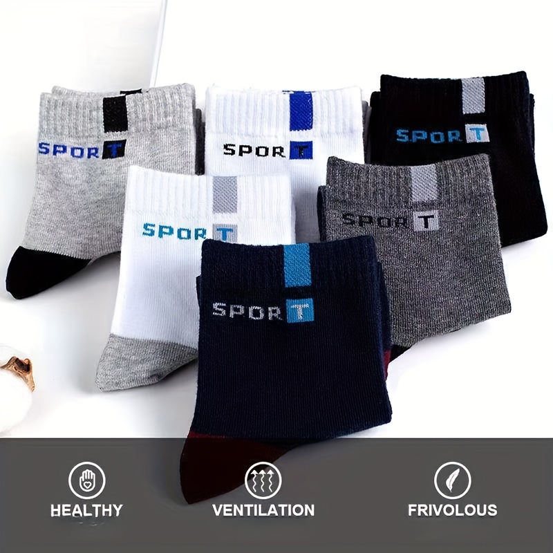 

Men's Mid-calf Sports Socks, 5/10 Pairs, Knitted Polyester, Breathable Sweat-absorbing, Alphabet Pattern, Hand Washable/