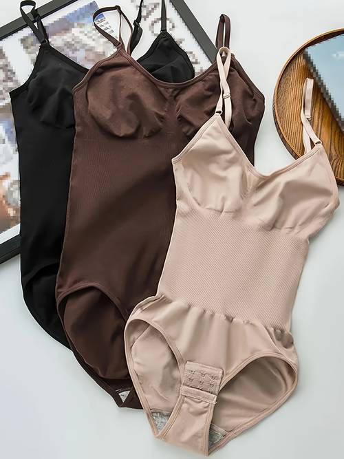 set of 3 seamless shapewear bodysuits with adjustable straps tummy control lifting features snap closure at the solid color fabric 85 polyamide 15 elastane