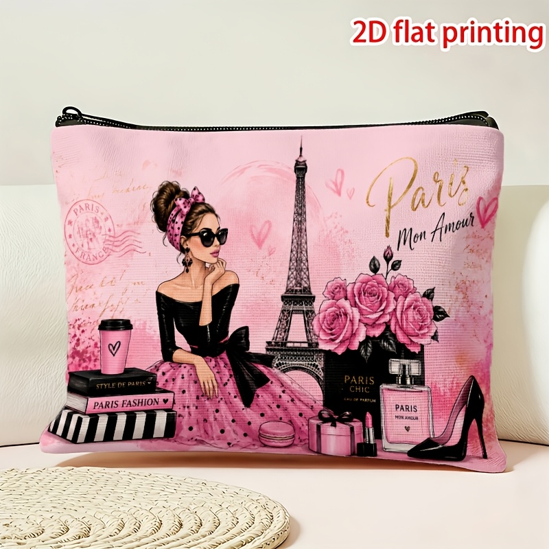 TEMU 1pc 2d Flat Printing Parisian Style Retro Gentleman Eiffel Tower Rose Text Slogan Double-sided Printed Makeup Bag, Multi- Storage Bag, Zipper