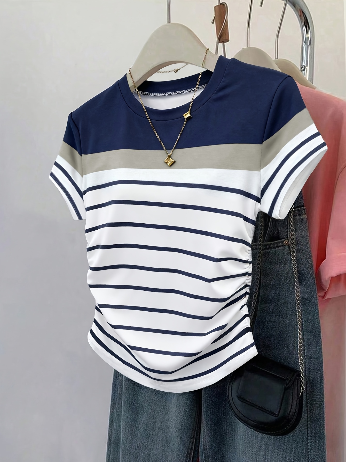 t-shirt court rayé pour femmes,   été, motif numérique, rayures multicolores,   à  , vêtements dextérieur, t-shirt taille   à taille froncée 0