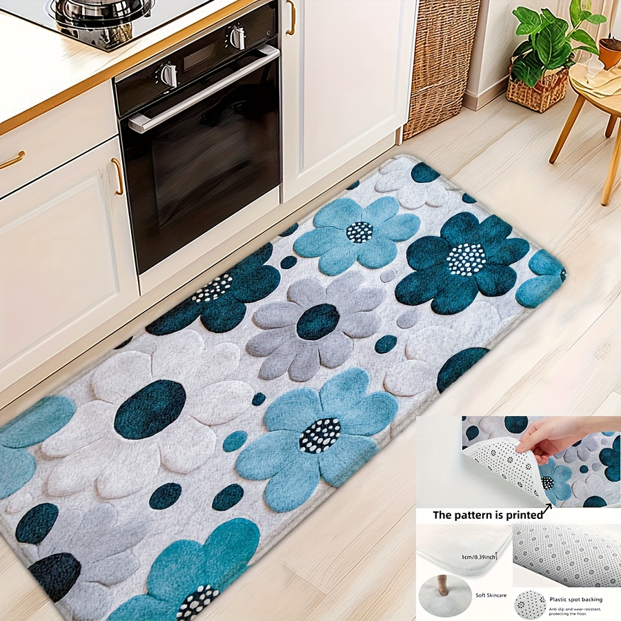 TEMU 1pc Retro Style 3d Floral Pattern Flat Printing Bathroom Anti-slip Mat, Suitable For Bathroom Room Shower Entrance Decor Carpet, Fleece Short