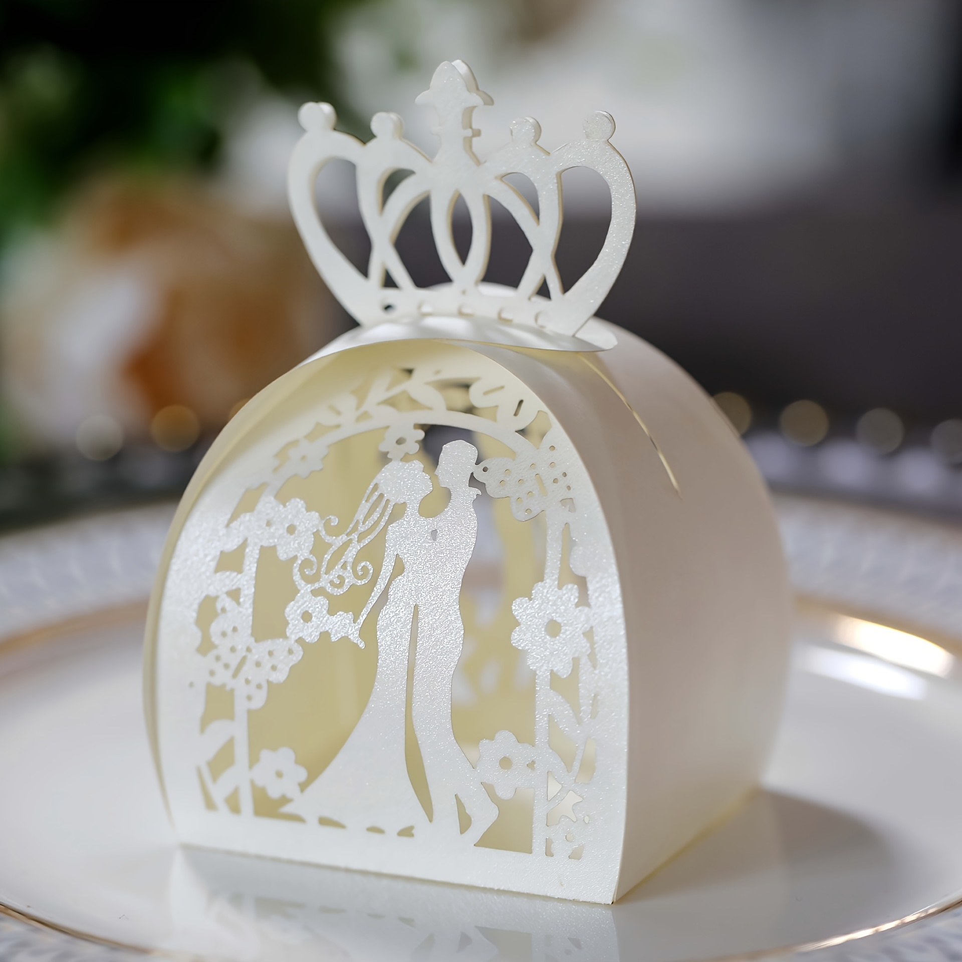 Image of 50pcs Wedding Light Laser Groom And Bride Crown Candy Boxes For Valentine's Day Couple Chocolate Paper Boxes