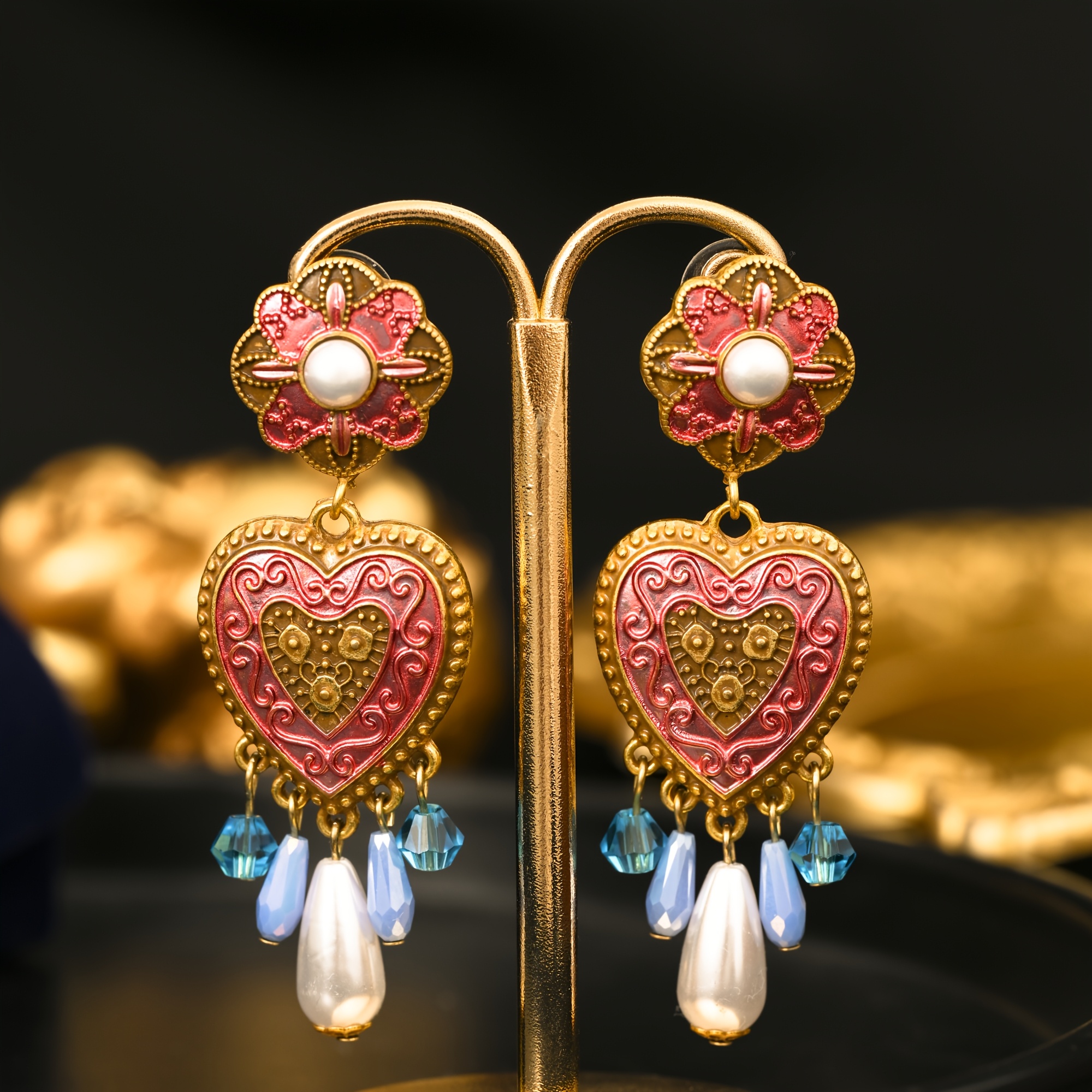 Image of 1 Pair Of Vintage Fashionable Ethnic Style Heart-shaped Pink Long Dangling Earrings, Suitable For Women' Wear, Summer Beach, Festivals, Vacations, Parties, Jewelry Gift Accessories