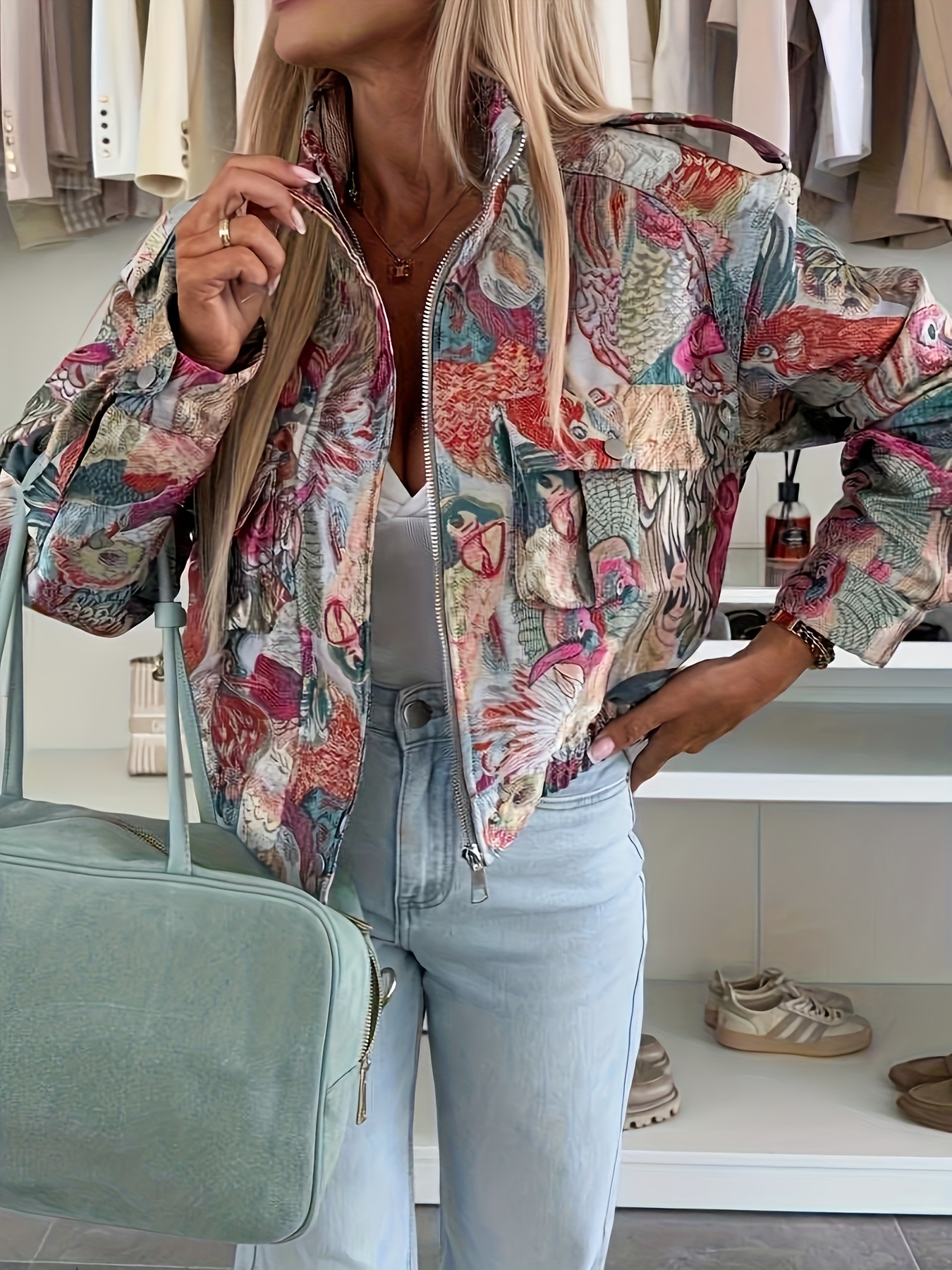 Women s Elegant Floral Jacket - Long Sleeve Zip-Up Coat with Relaxed H-Silhouette, Non-Stretch Fabric for Everyday & Formal Events -   Outerwear in Pink/Teal/Red/Blue/Green/ /Beige/Orange/Brown/Gray/ - Machine Washable Women s Outerwear, Versatile Layering, Loose Silhouette,   Embroidery, Fashionable Coatwear, Trendconscious Buyers