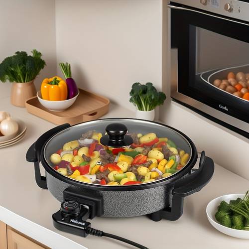 electric frying pan electric cooking pot pan flat bottomed pizza oven multifunctional easy to clean adjustable temperature dual tube heating non stick large capacity suitable for pancakes grilled pizzas ing etc