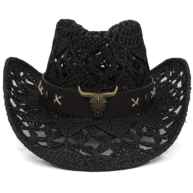 E-shop Ein Unisex Strohhut im Bohemian-Stil mit Bullenkopf-Accessoire, geeignet für alle Jahreszeiten, Strand, Ethno-Stil, ausgeschnittener Sonnenhut,
