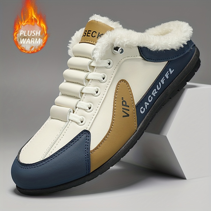 A pair of shoes with elastic band and velvet cover, warm and comfortable lining, suitable for outdoor street walking in winter, outdoor walking, indoor leisure and home use, Indoor Slippers, Round Toe Shoes, Slipon Design, Cozy Footwear, PVC Sole