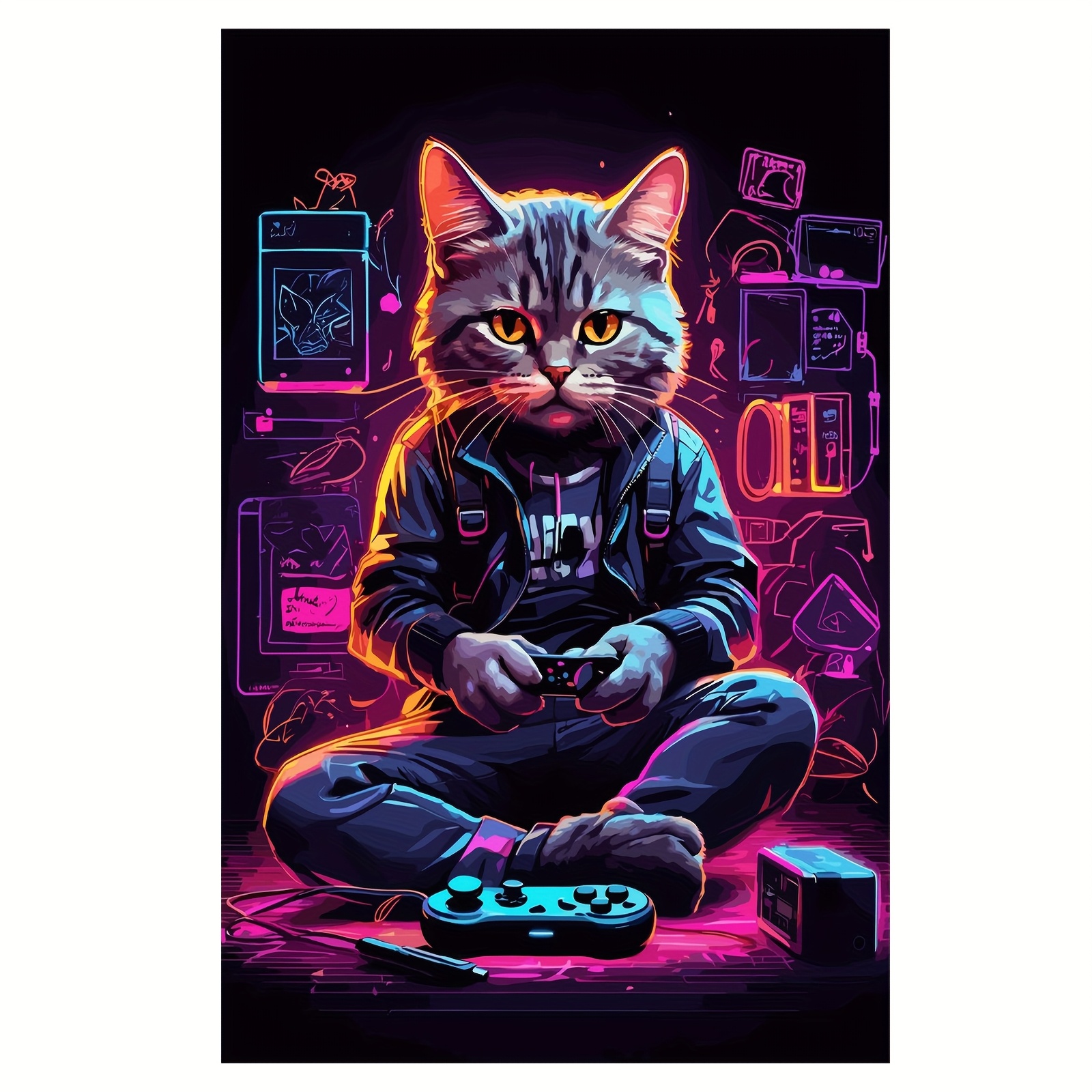 TEMU 1 pièce de peinture murale cadre pour chat et jeux vidéo, 12x18 pouces - Affiche lumineuse vibrate avec contrôleur de jeu et design électronique