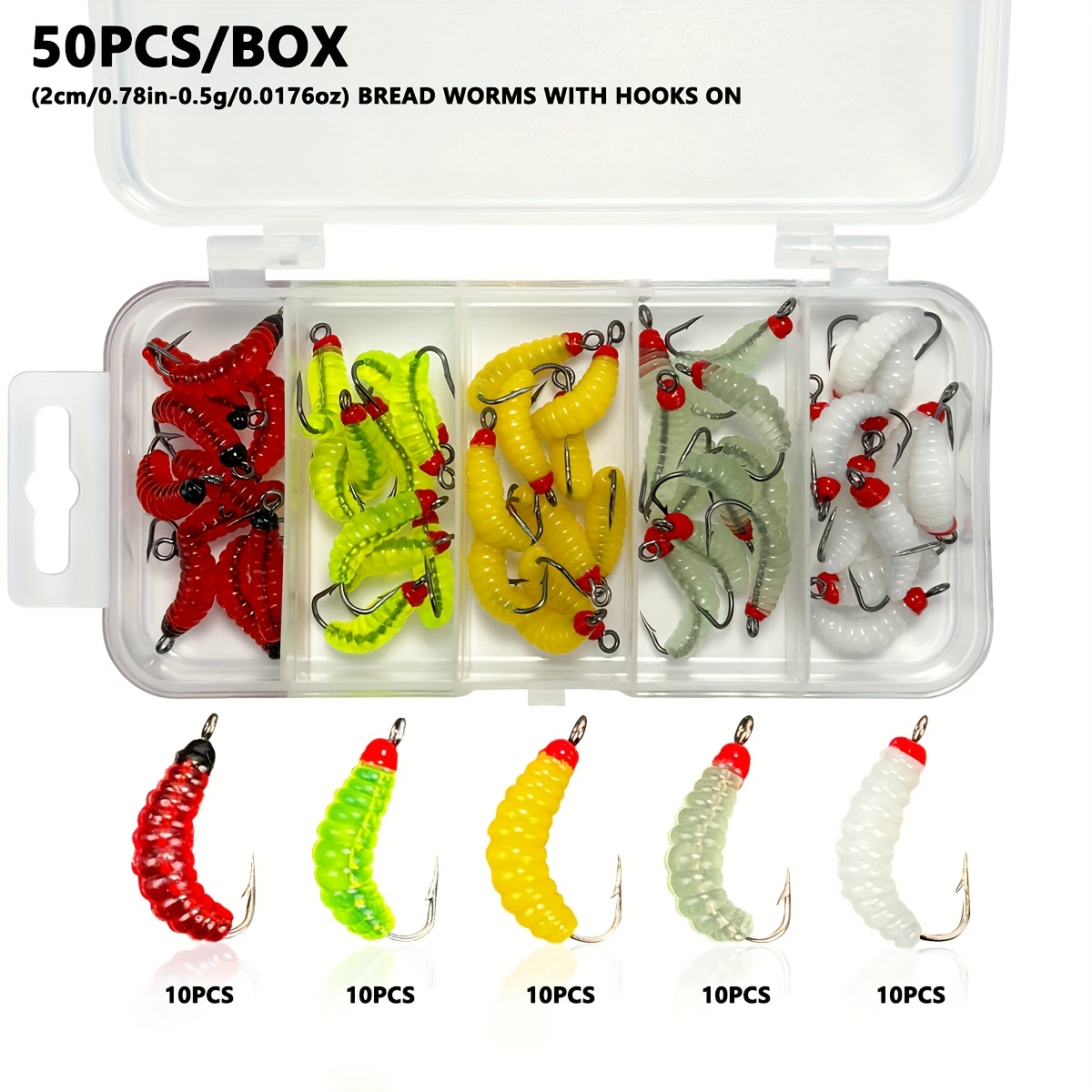 E-shop 50 Stück pro Packung Silikon Köderhaken für Fliegenfischen Insekten, 2,1 cm/0,5 g - Lebensechte weiche Würmer, künstliches Karpfenköder und 5