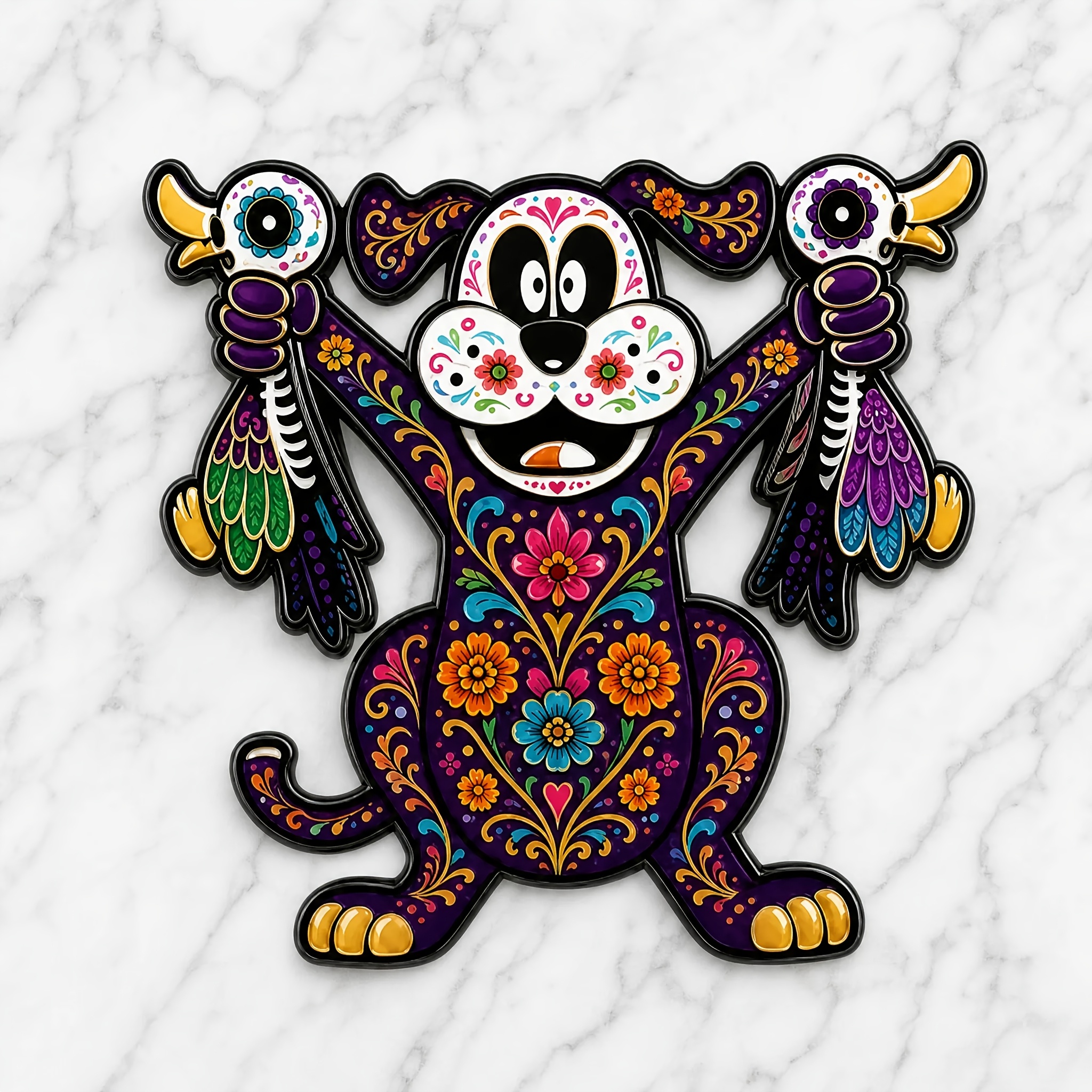 TEMU Insigne de Halloween avec fond violet foncé, motif floral de bonbons, oiseau, crâne et chiot de dessin animé, motif floral de bonbons, chiot et