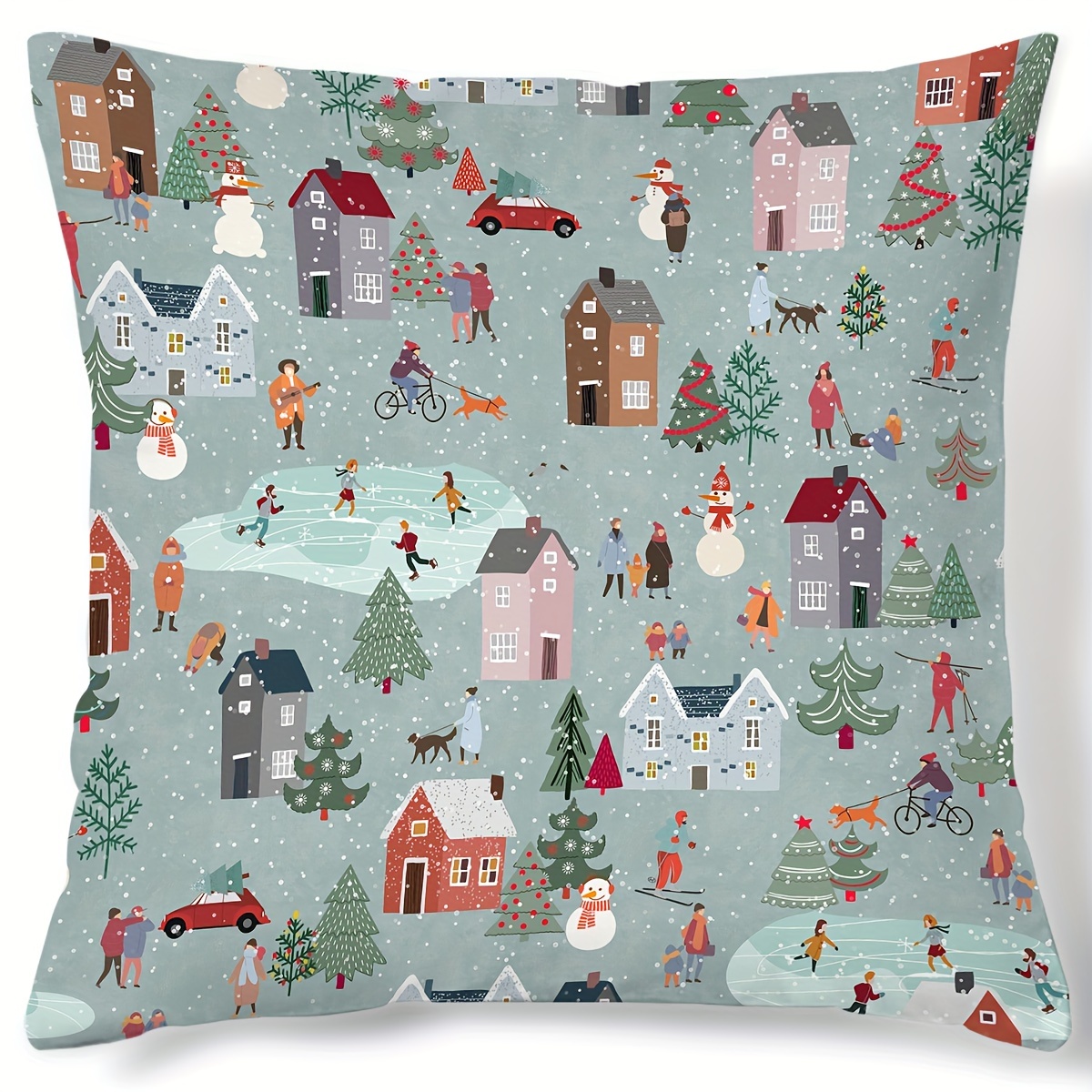 

Contemporary Christmas Throw Pillow Cover 17.7" - Winter Scene With Snowman, Trees & Animals, Hand Wash, Zipper Closure, Woven Polyester, Decorative Cushion Case For Home & Living Room (1pc)