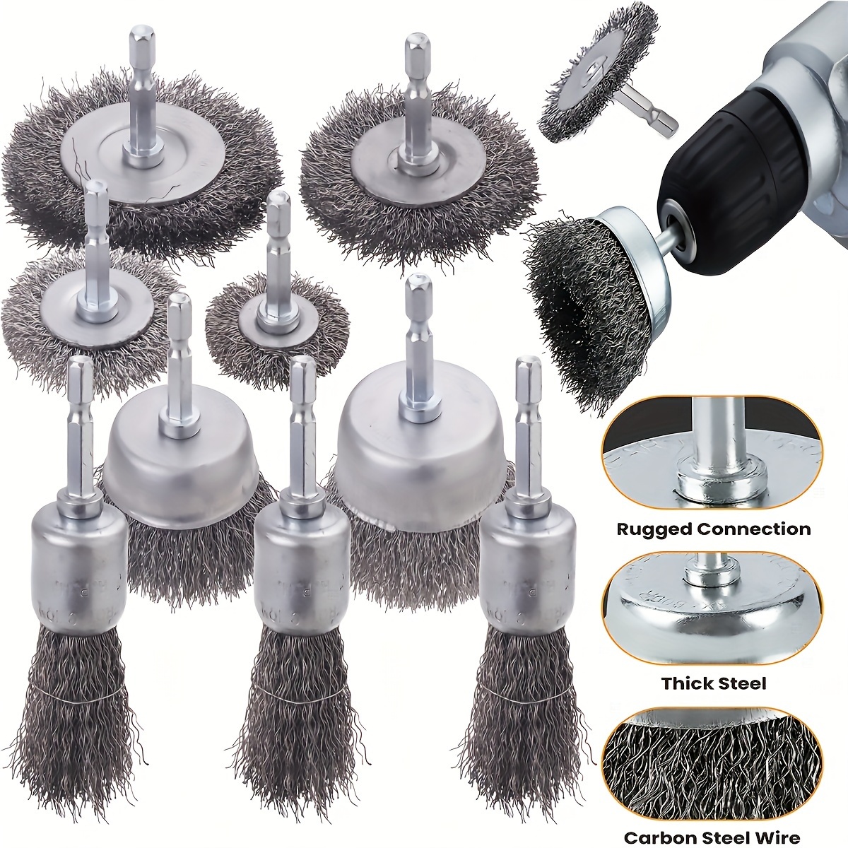 

3pcs Wire Wheel & Cup Brush Set, Drill Attachment With 1/4-inch Hex Shank, Heavy-duty Carbon Steel For Rust Removal, Deburring, Surface Preparation, 3 Sizes (1.3, 2, And 2.5 Inch)