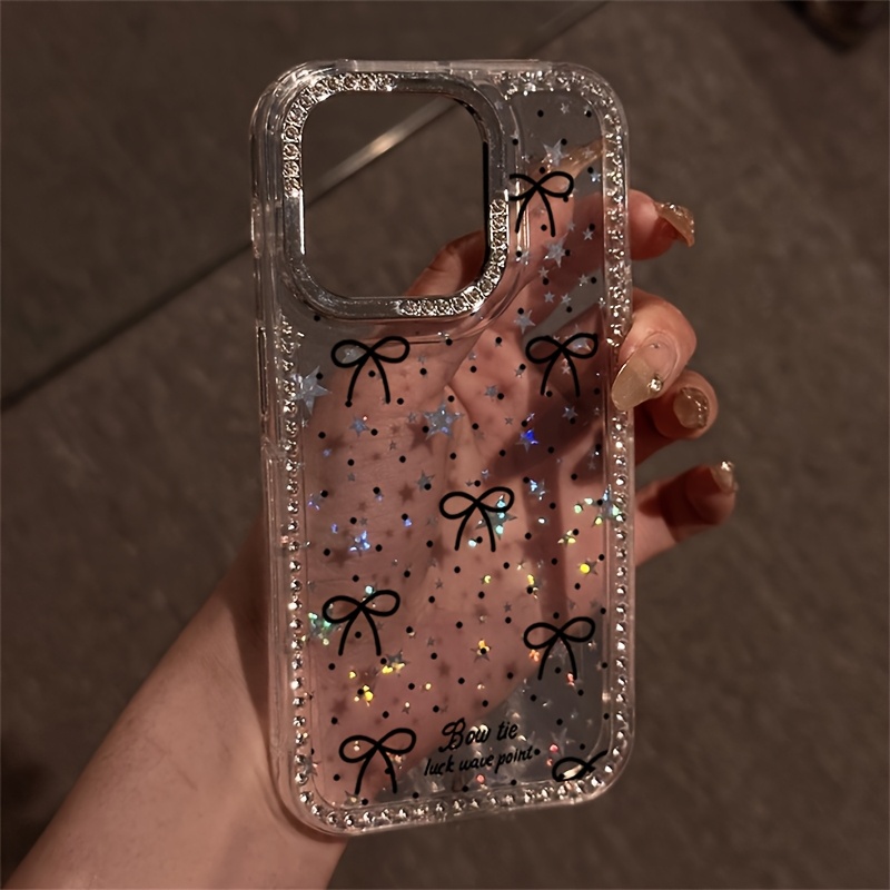 E-shop Polka Dot Schleife Luxus Strass Mode Handyhülle, Transparenter Glitzer Stern Stoßschutz -Fall Hülle, Passend für iPhone 17 Pro Max 17 Air 16 15