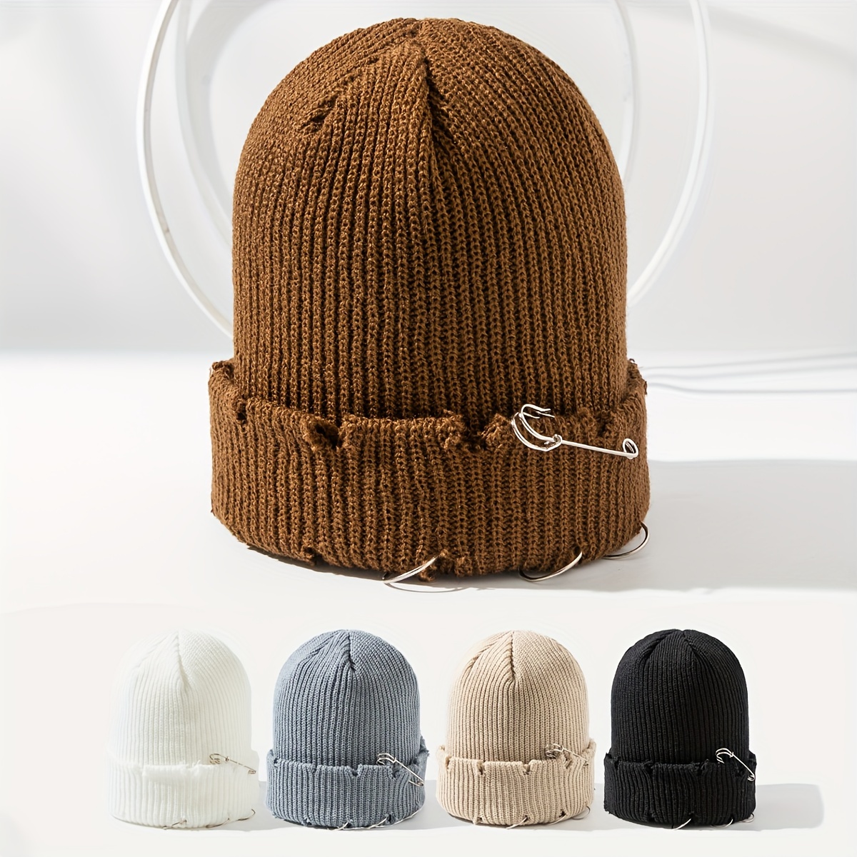 

Women's Polyester Knit Beanie With Metal Ring Accent - Breathable, Stretchable, Warm Knitted Skull Cap