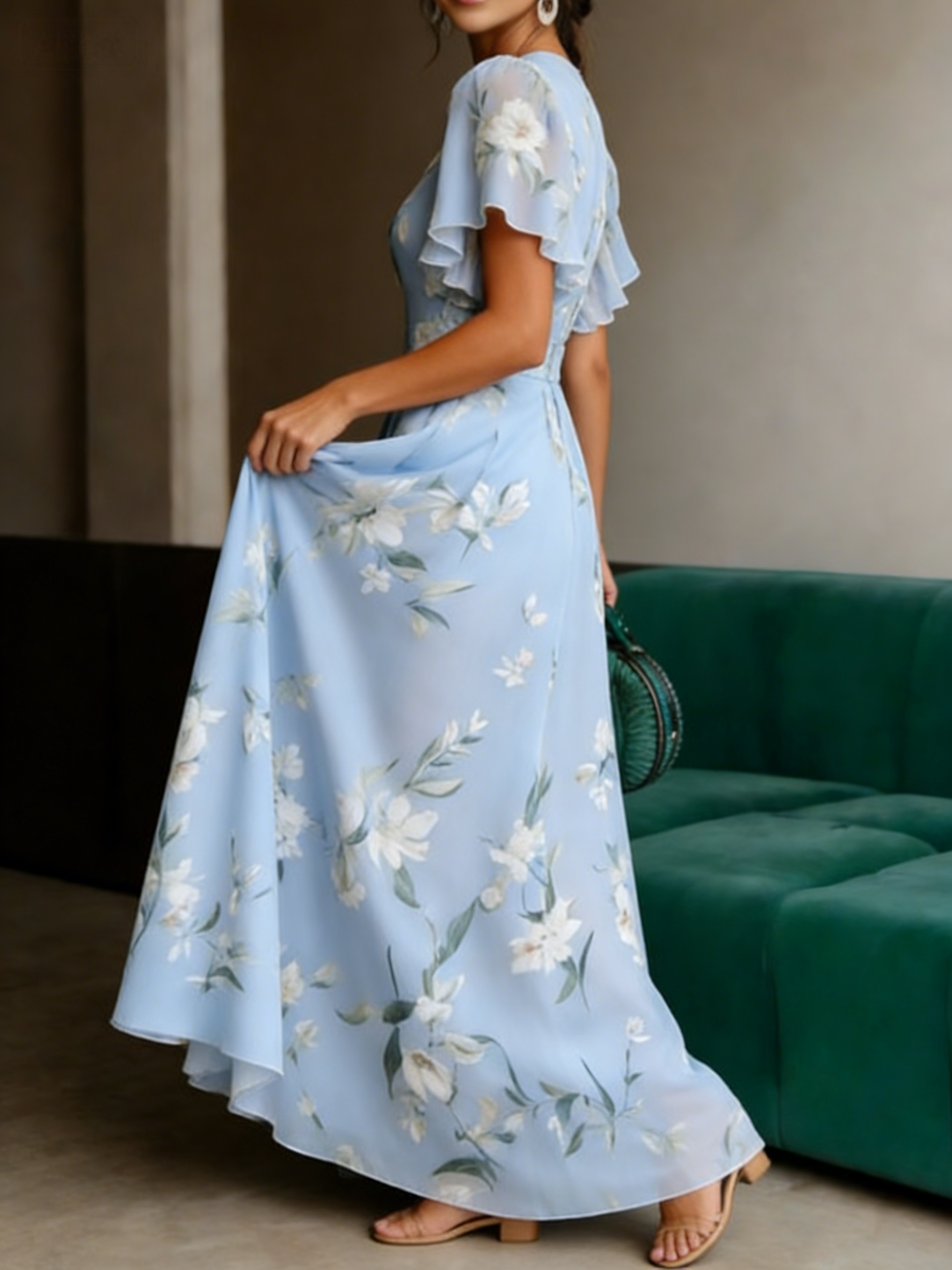 womens light blue floral chiffon maxi dress round neck - Temu Mauritius