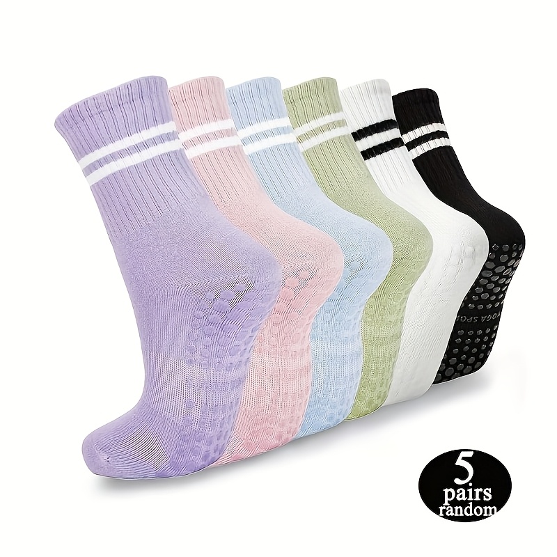 TEMU 5 Pairs Random Pilates Socks With Grips For Women, Non-slip Yoga Striped Crew Socks For Barre Hospital Workout