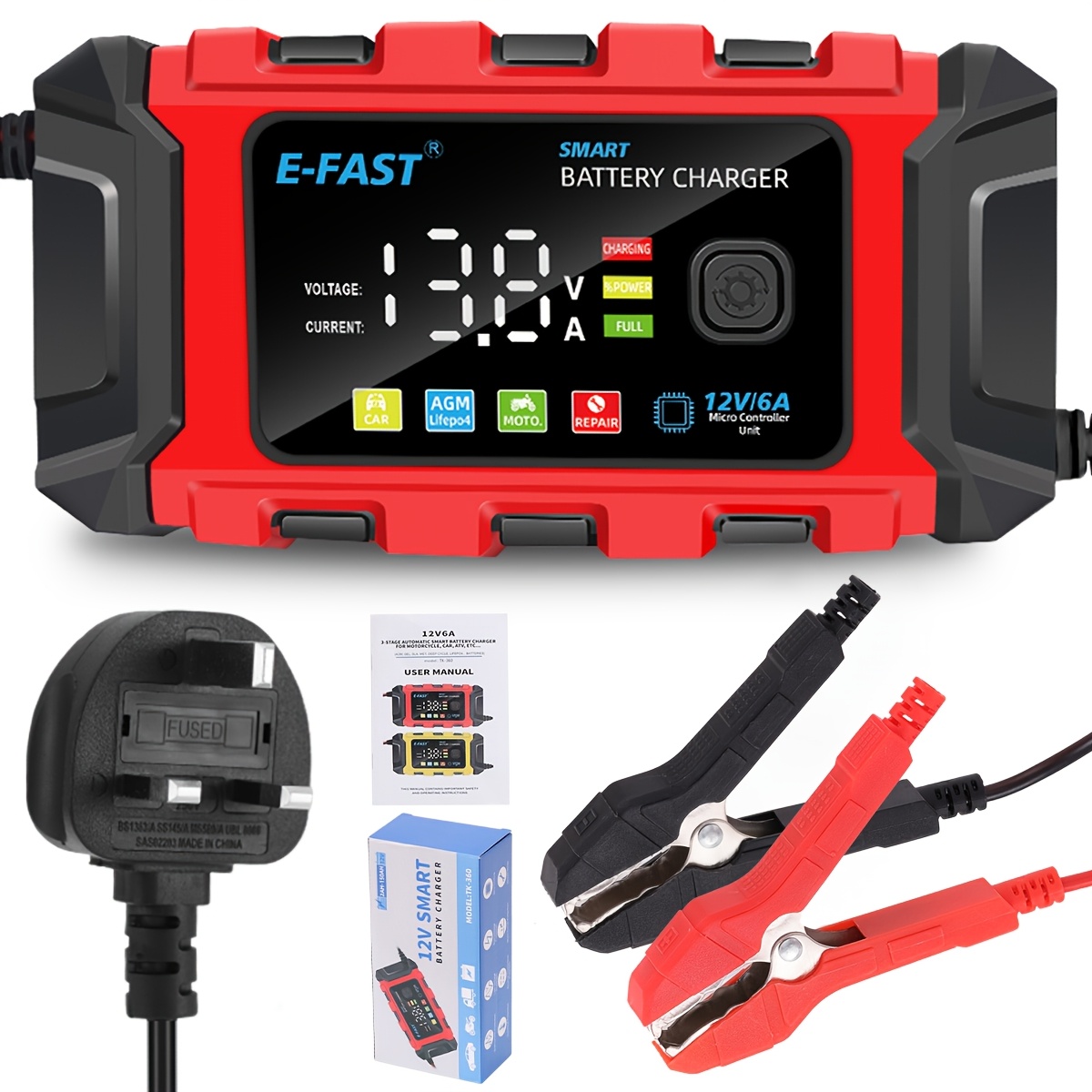 12V 6A Smart Car Battery Charger with LCD Display