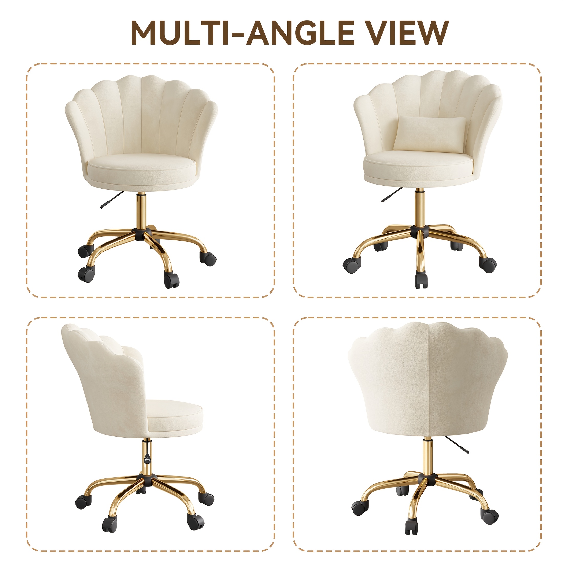 Girls' & Women' Luxury Velvet Tufted Vanity Chair with Wheels - Height Adjustable Upholstered Desk Chair Suitable for Bedroom, Living Room, Dressing Table, Soft Cushioning, No Assembly Required, Contemporary Petal for Home Office