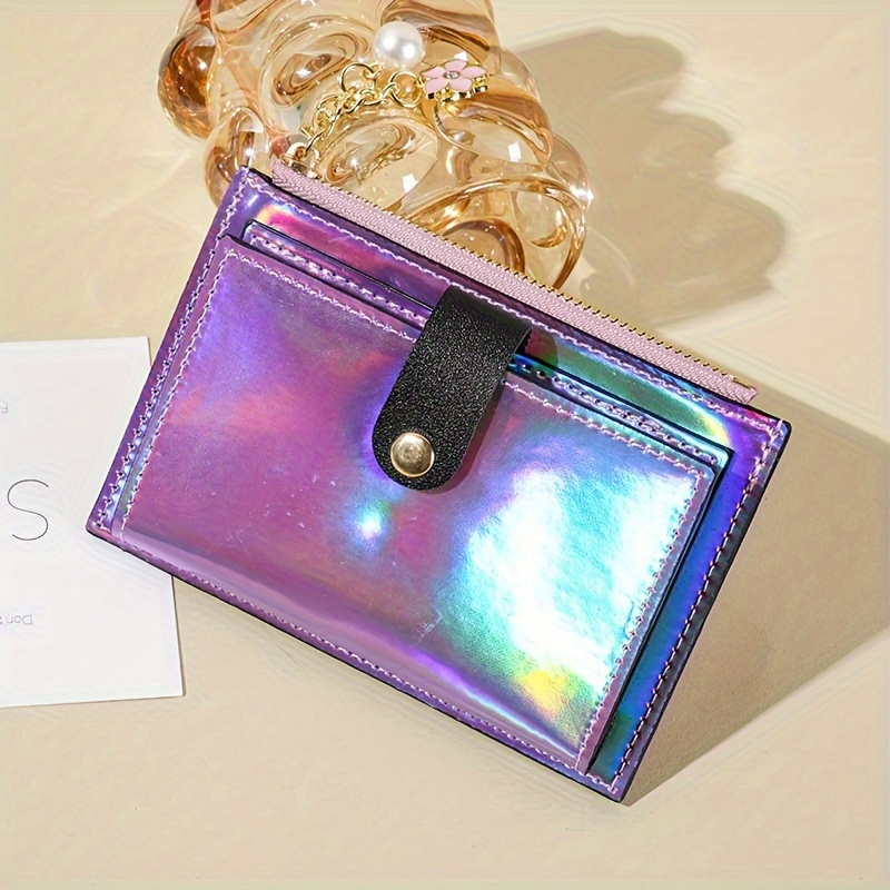 TEMU Holographic Wallet For Women, Ultra-thin Multi-function Card Holder, Patent Leather Pu Coin Purse, Multiple Card Slots