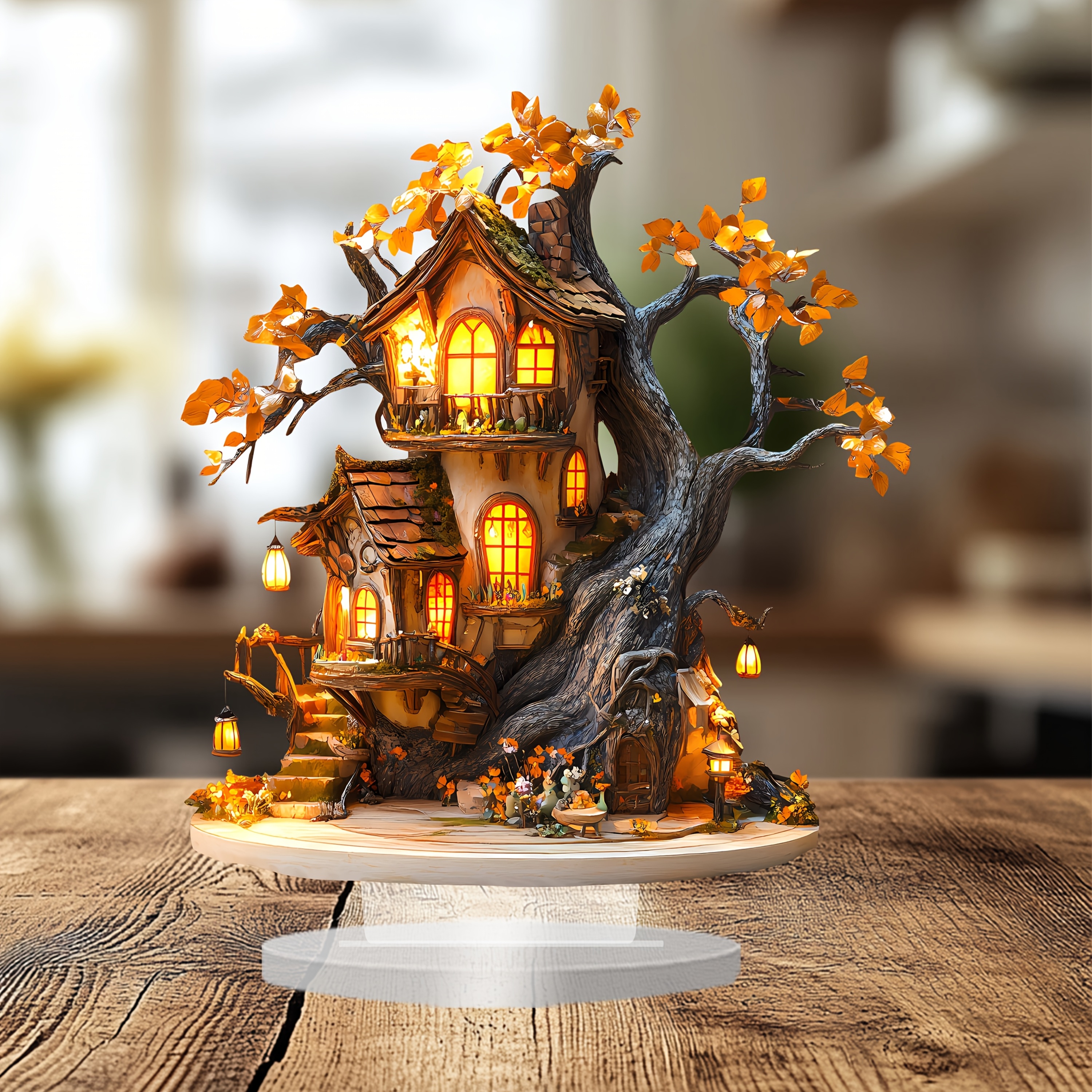 

2d Flat, Fairy Tree House Acrylic Decor - Style Multipurpose Tabletop Ornament With Buildings Theme For Home, Office, - Ideal Gift For Enthusiasts