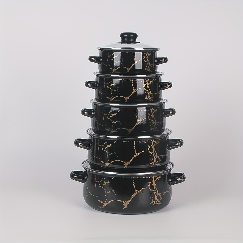 

5pcs/set, Black Marble Pattern Enamel Cookware Set, Elegant Kitchen Pots With Lids, Various Sizes For Cooking And Serving