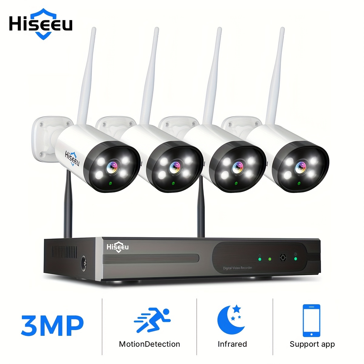 

Hiseeu 4ch 3mp Wireless , With 10ch Nvr, 4 3mp Hd Cameras, With Audio, Lighting And Sound Alarm, Night Vision, 2.4g And 5g