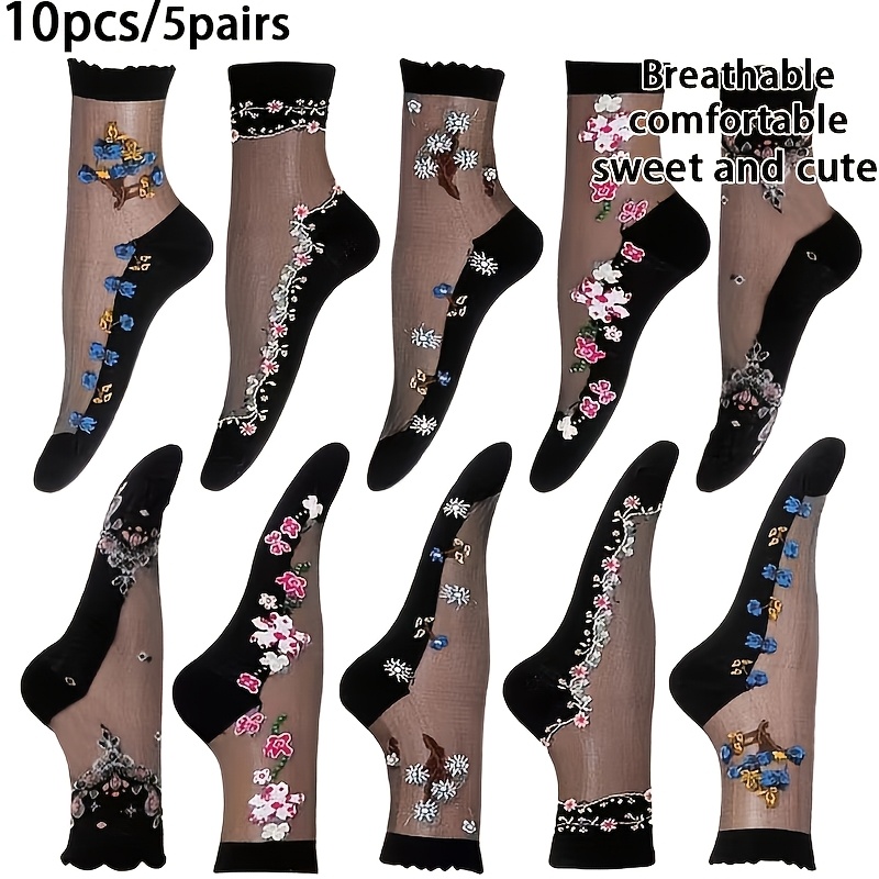 Image of 10pcs/5 Pairs Women's Summer -thin Sheer Lace Mesh Ear Cover Socks, Comfortable And Breathable, Floral Print Anti-snag Elegant Everyday Socks