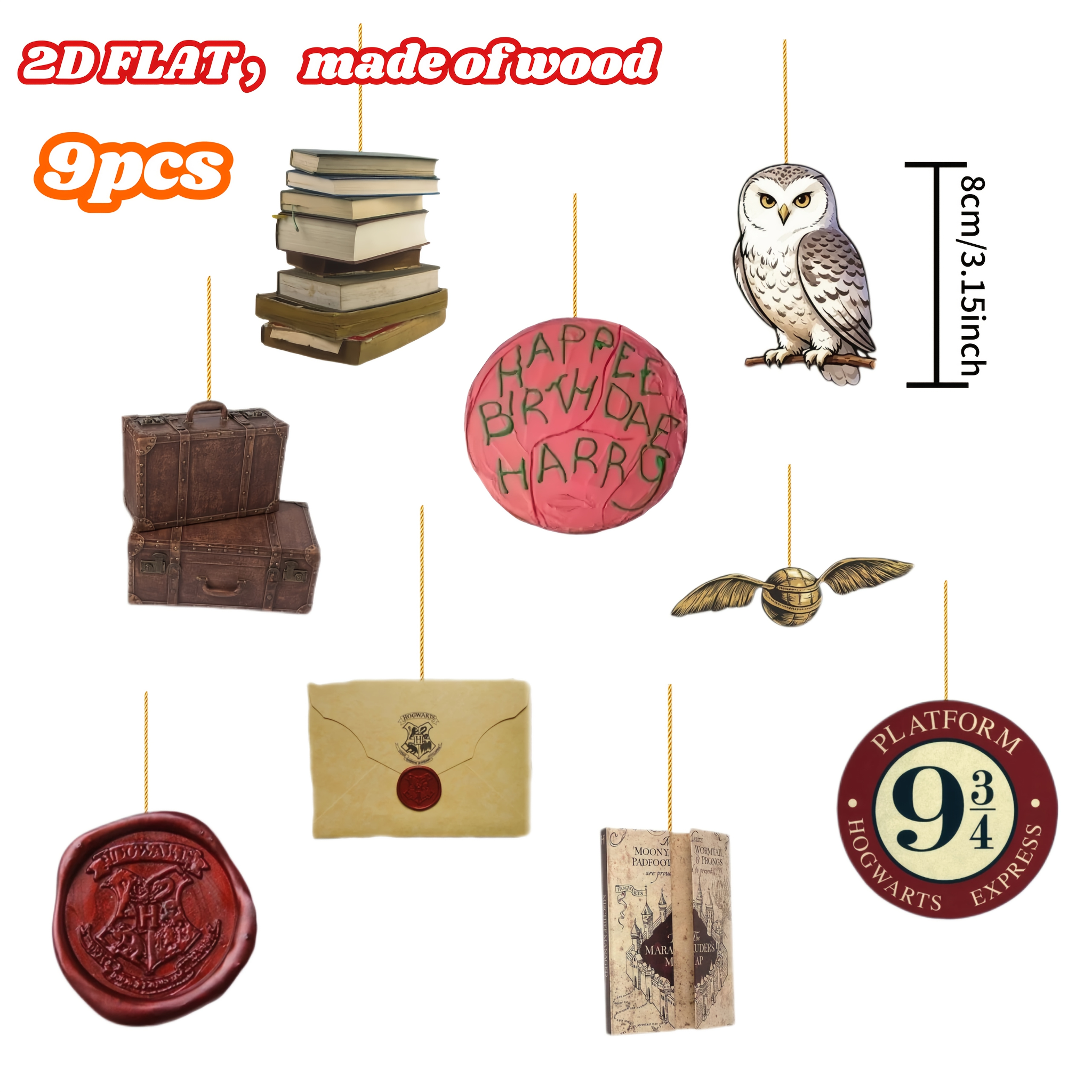 TEMU [2D Flat] 9 pezzi Decorazioni Natalizie a Tema Harry Potter, da Appendere, Elementi Classici di Harry Potter Decorazioni Natalizie in Legno,