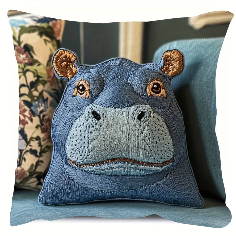 

1pc Vintage-style Hippo Plush Pillow Cover 18x18 Inch - Cozy Short Plush, Blue Design, Ideal For , Fits Multiple Room Decor (pillow Insert Not Included), Animal Pillow Covers