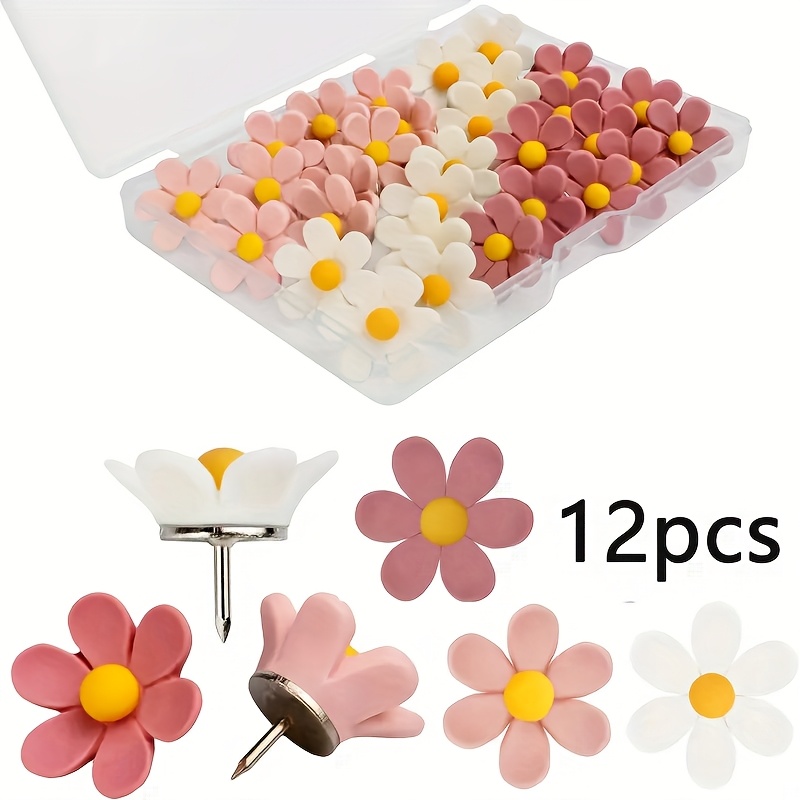 TEMU 12pcs Pink Wood Flower Push Pins - Decorative Markers For Bulletin Boards, Maps & Office/craft, Aesthetic Collaborelation, Needles