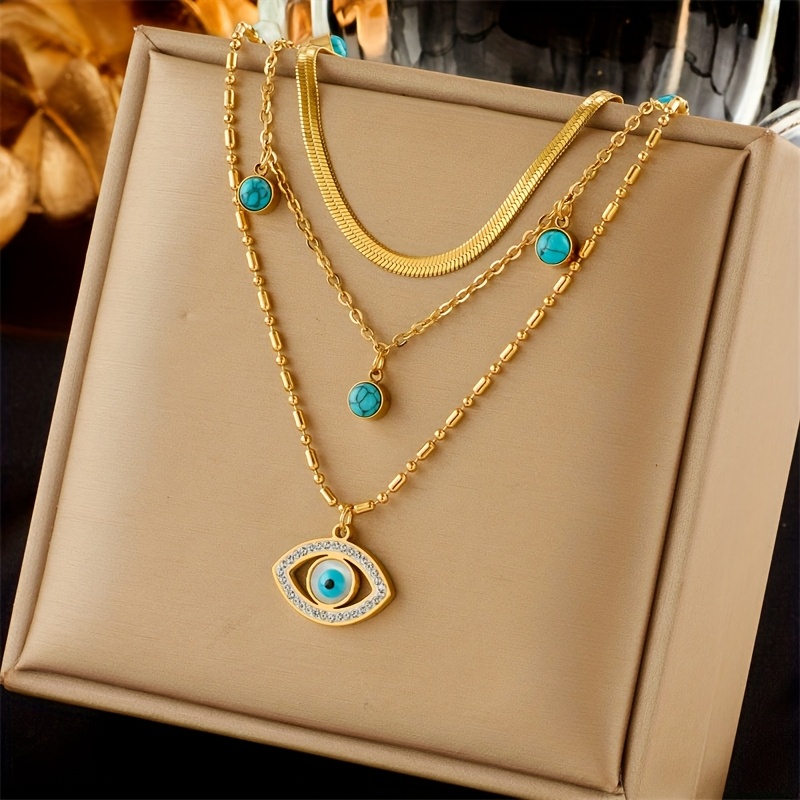 Image of Bohemian Elegant Temperament, Trendy Layering Turquoise Eye Pendant Golden Stainless Steel Necklace