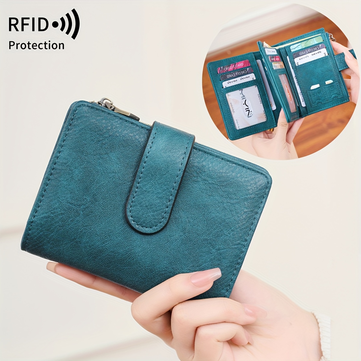 TEMU Rfid Anti-theft Women's Wallet Multi-card Zipper Closure Wallet, Retro Multifunctional Short Wallet, Solid Color Short Wallet, Portable Bifold