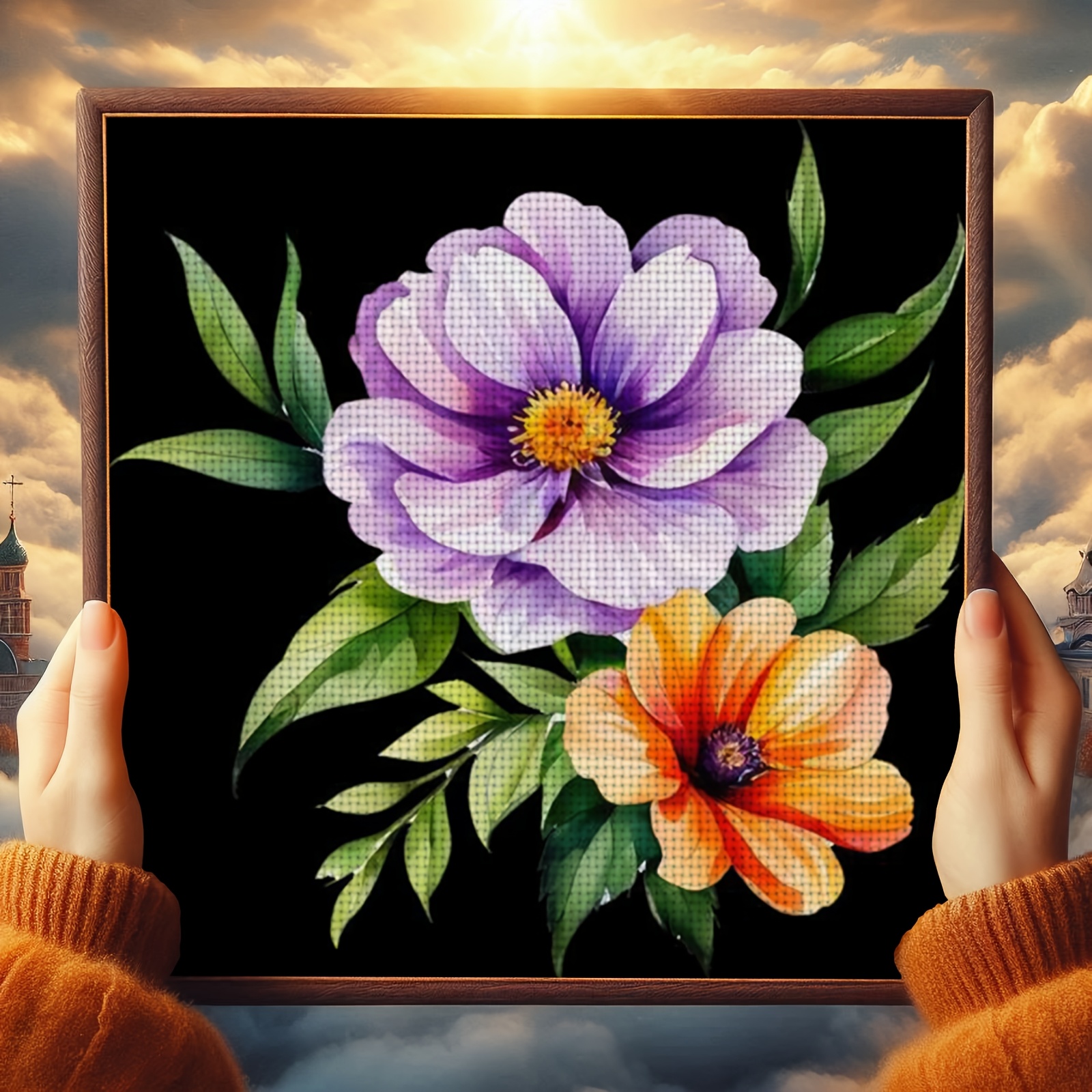 DIY Cross-Stitch Printed Kit of Purple Orange Flower, Unframed