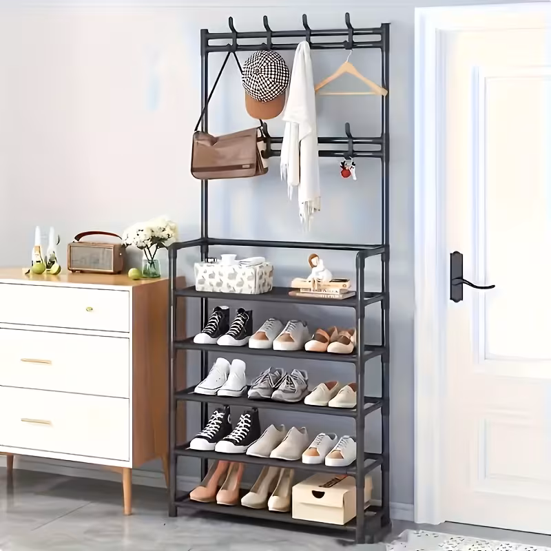 5 tier multifunctional storage rack with 8 double hooks stainless steel freestanding shoe clothes organizer space saving heavy duty metal frame for living room bathroom retail store display shoe storage organizer versatile shelving unit contemporary furniture construction standing shelf Product details 0